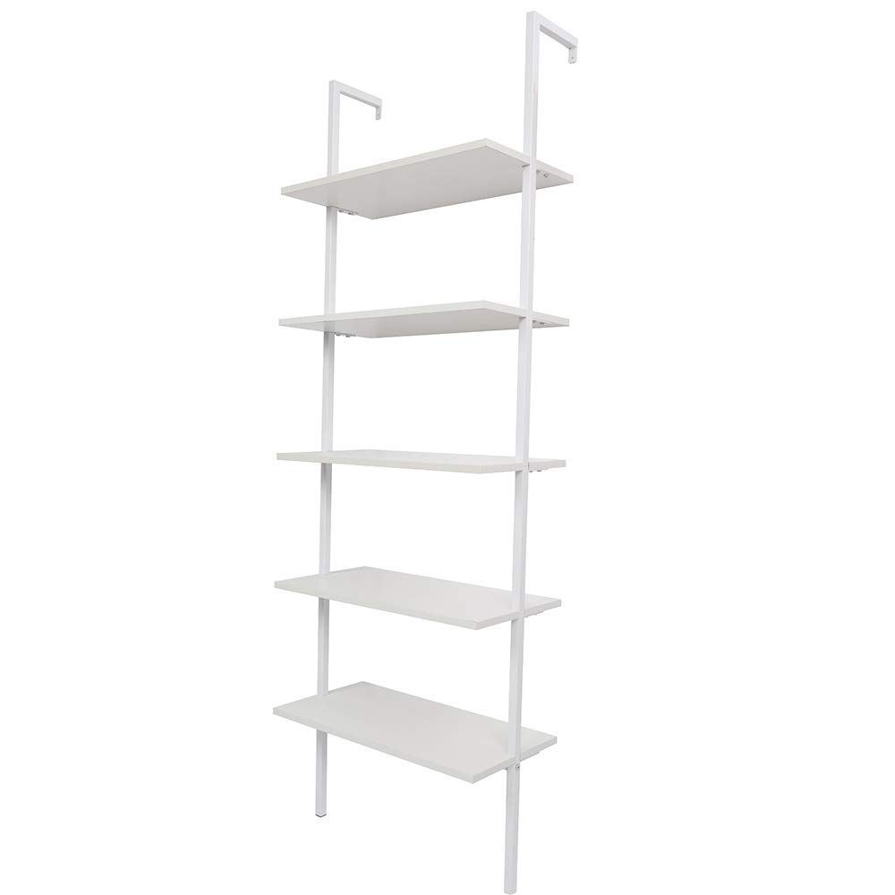 5-Tier Ladder Shelf - White Wooden Bookcase & Wall Mount Storage Organizer for Home, Office, Living Room, Bedroom | Perfect for Displaying Books, Plants & Decorative Items