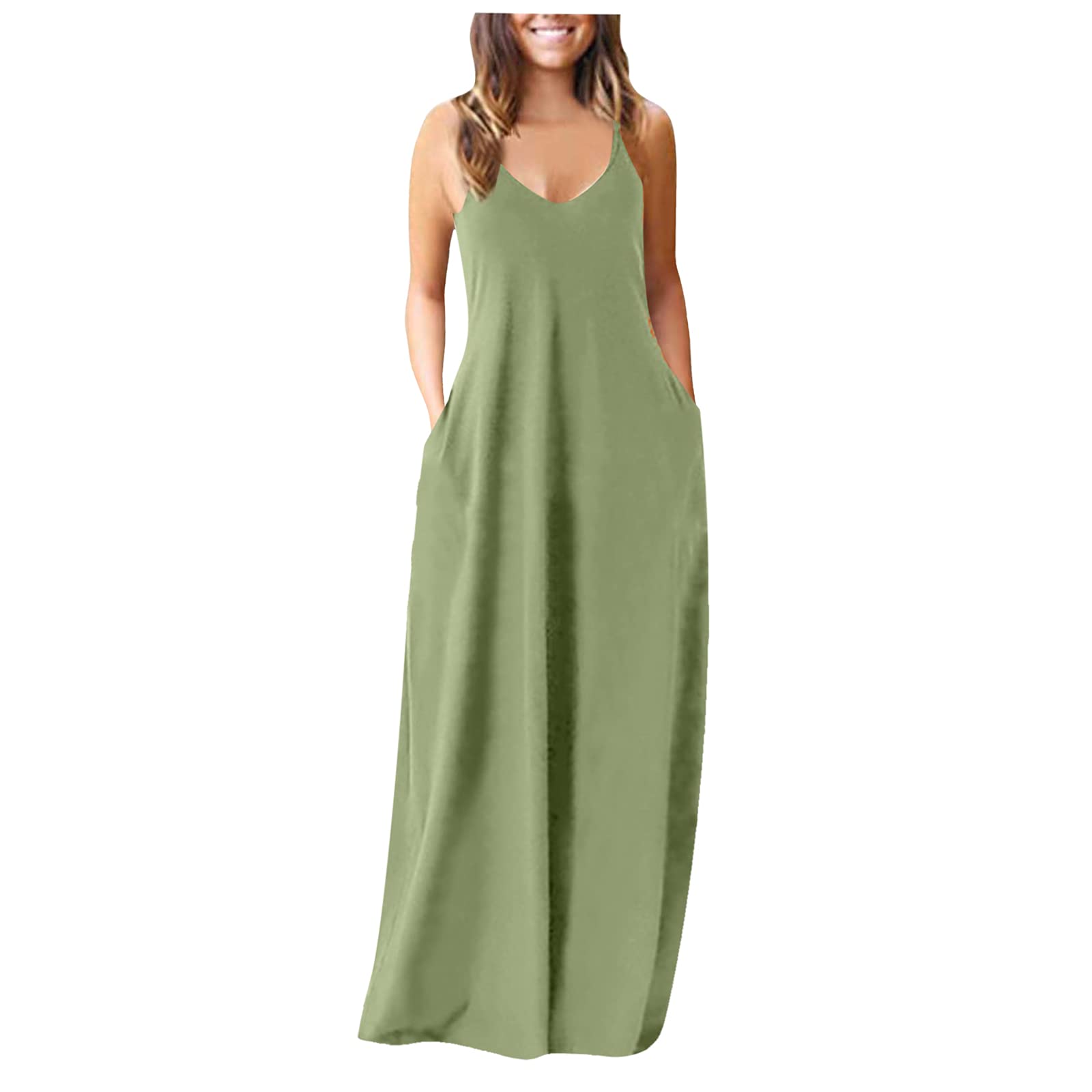 Handyulong Women's Summer Maxi Dress - Casual Sleeveless V-Neck Boho Sundress with Pockets, Long Tank Dress for Beach, Vacation, and Outdoor Activities