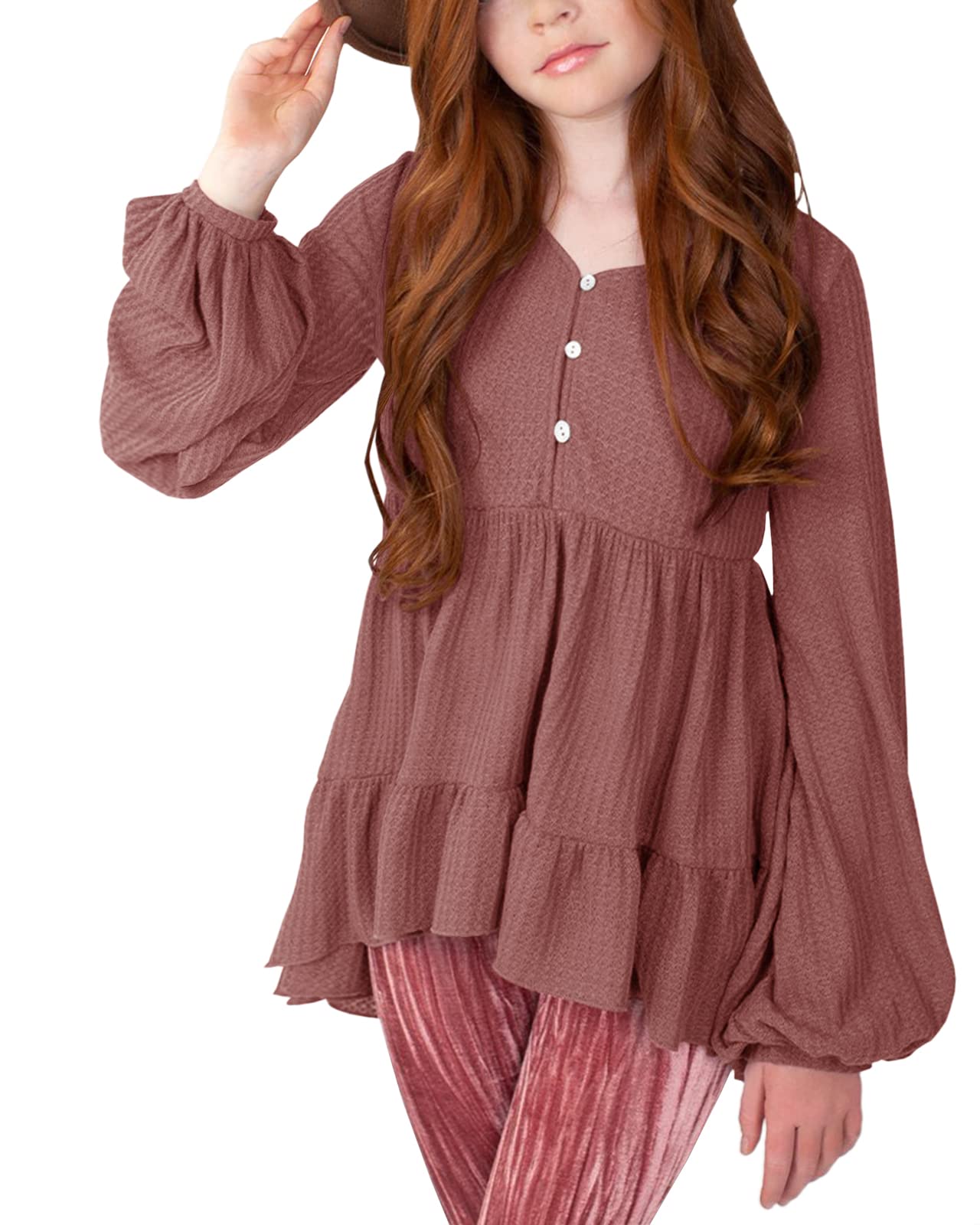 Popheartgo Girls Waffle Knit Tunic Top - Cute Babydoll Peplum Blouse with Ruffles, Loose Long Sleeve High-Low Hem Jumper for Kids | Perfect for School, Parties & Casual Outfits