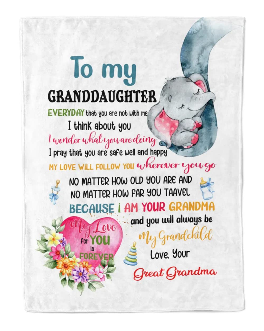 Personalized Custom Name Elephant Blanket for Great Granddaughter - Soft & Cozy Grandma Gift from Great Grandma - Perfect for Christmas, Birthday & Special Occasions - Ideal for Cuddling, Nursery Decor & Keepsake Memories