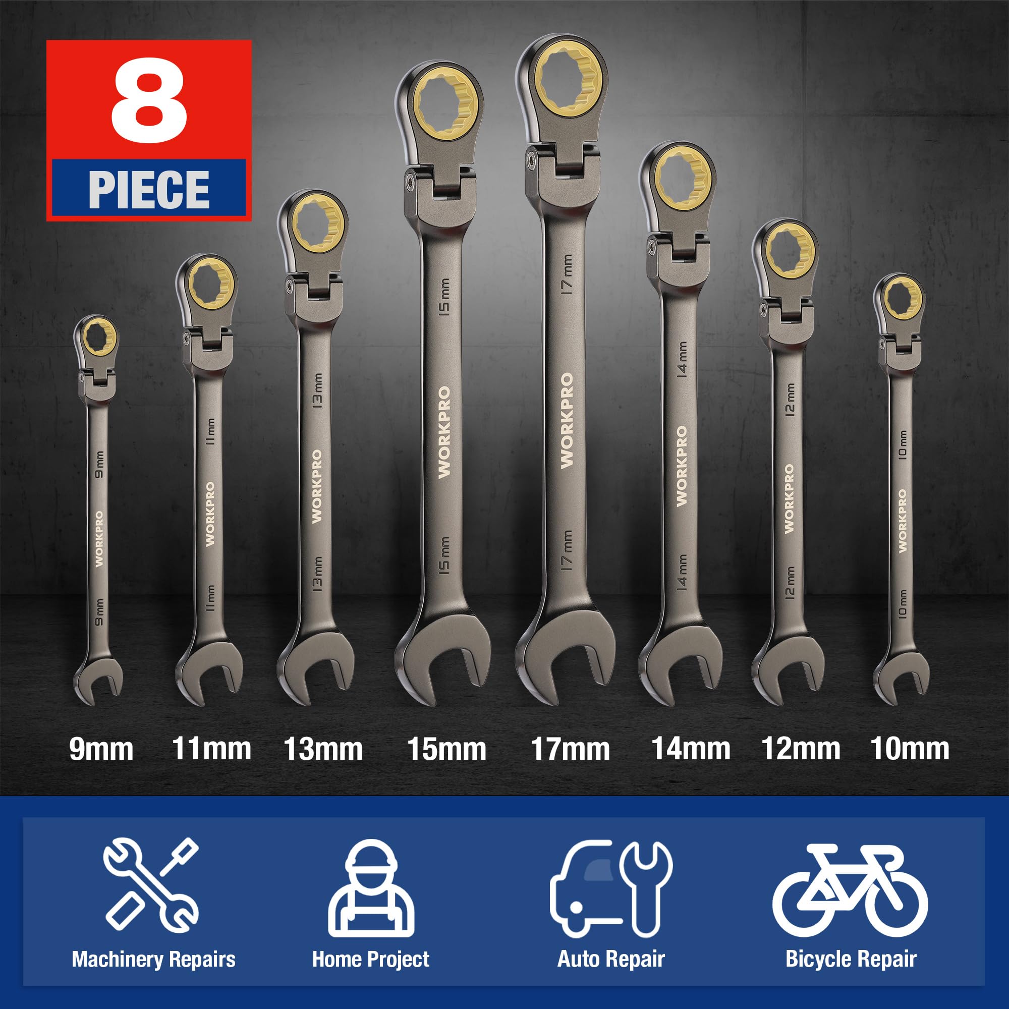 WORKPRO 8-Piece Flex-Head Ratcheting Combination Wrench Set - Metric 9-17mm, 72-Tooth, Chrome Vanadium Steel, Nickel Plated - Perfect for Automotive Repair, DIY Projects & Home Maintenance with Convenient Storage Bag