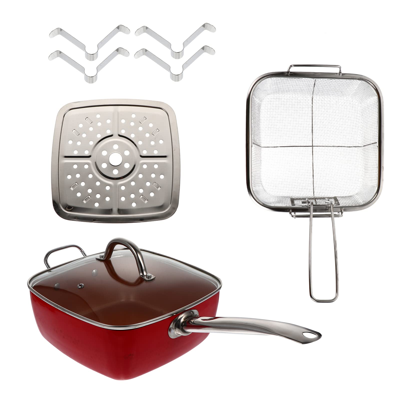 DOITOOL 4-Piece Non-Stick Kitchen Skillet and Frying Basket Set - Perfect for Cooking Fries, Chicken, and Stir-Fry | Ideal for Home Chefs and Meal Prep | Red Cookware Collection