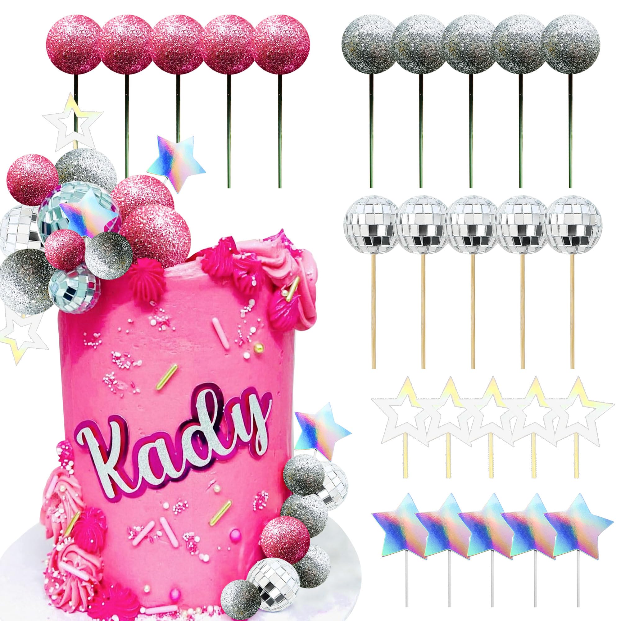 JeVenis Pink Disco Ball Cake Topper - 80s Themed Dancing Queen Cake Decorations with Silver Balls | Perfect for Birthday Parties, Bachelorette Cakes & Retro Celebrations