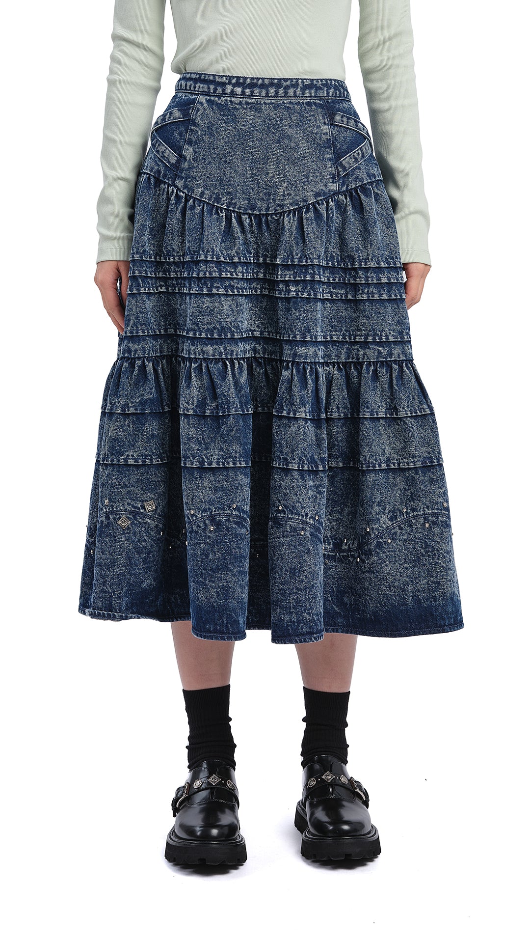 Vintage Stone Washed Studded Denim Skirt for Women - Distressed High Waist A-Line Mini Skirt with Metal Studs | Perfect for Casual Outfits, Rock Concerts & Streetwear Fashion