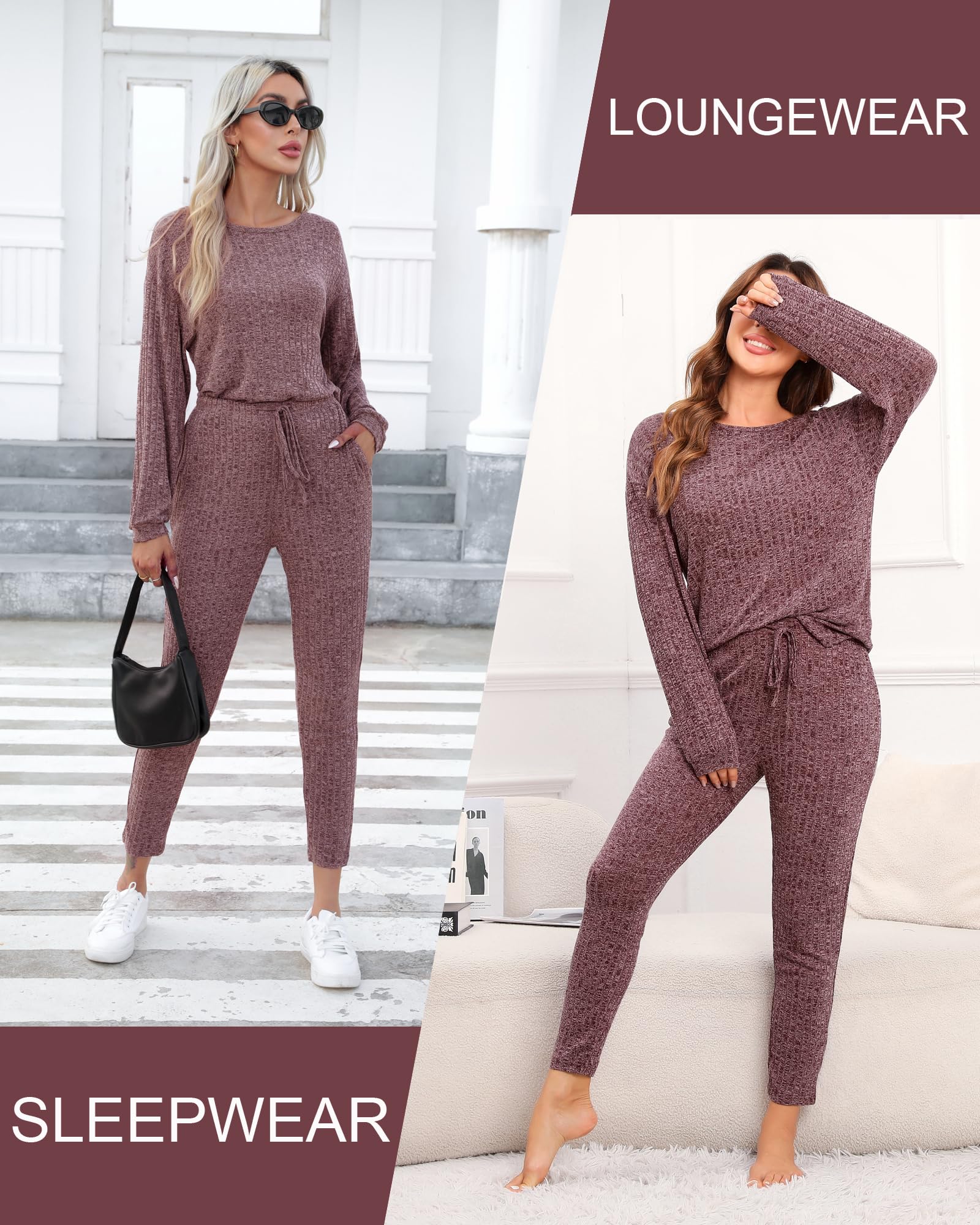Difficort Women's Long Sleeve Pajama Set - Soft Ribbed Knit Sleepwear & Lounge PJS with Pockets | Cozy Winter Nightwear for Home Relaxation & Sleep