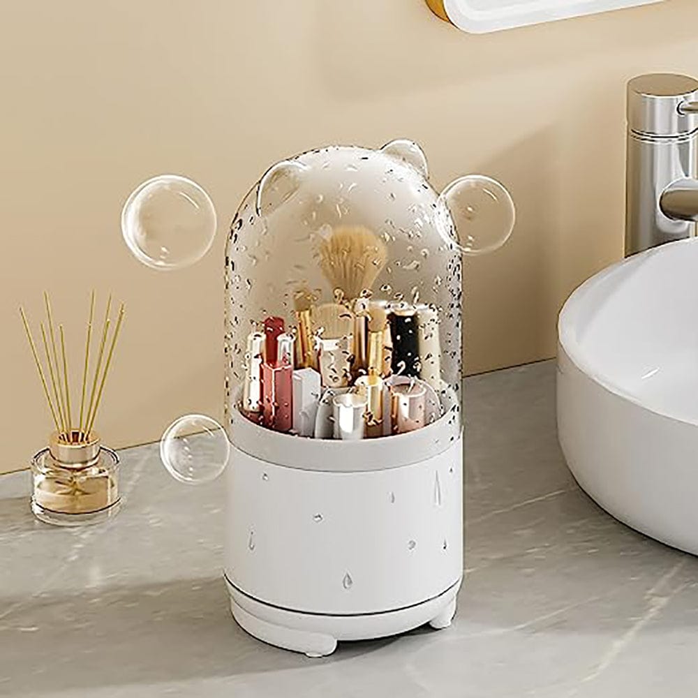360° Rotating Transparent Makeup Brush Organizer - Dust Proof Cosmetic Storage Box for Brushes & Beauty Tools (White) | Perfect for Vanity, Bathroom & Travel Organization