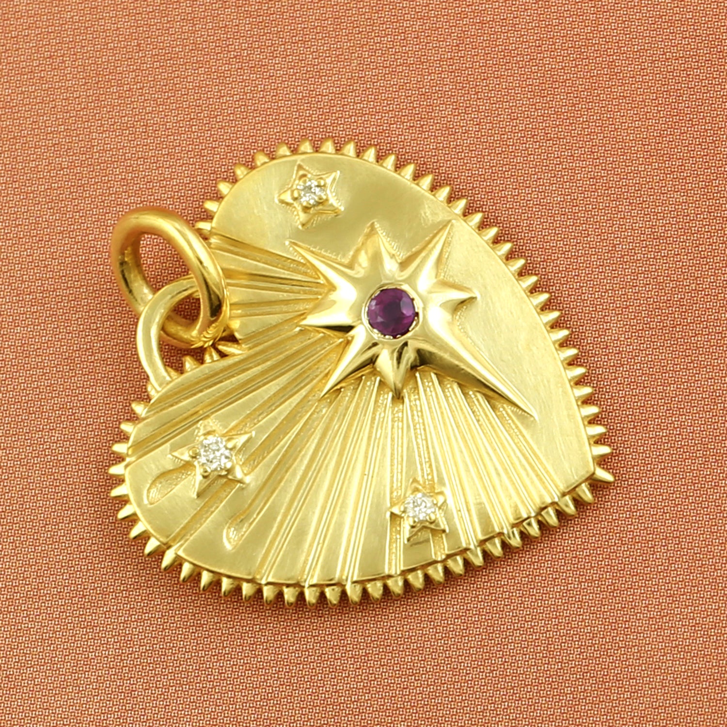 14K Yellow Gold Bezel Ruby Prong Diamond Star Sunburst Heart Pendant Necklace - Elegant Jewelry Gift for Women, Perfect for Valentine's Day, Anniversary & Special Occasions