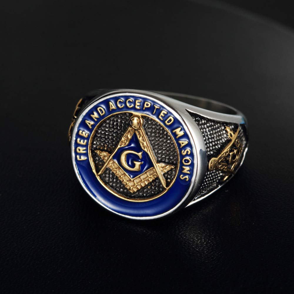 **Men's Masonic Ring - Stainless Steel Freemason Symbol Signet Ring in Silver, Gold & Blue - Free and Accepted Masons Jewelry for Gifts & Brotherhood Ceremonies**