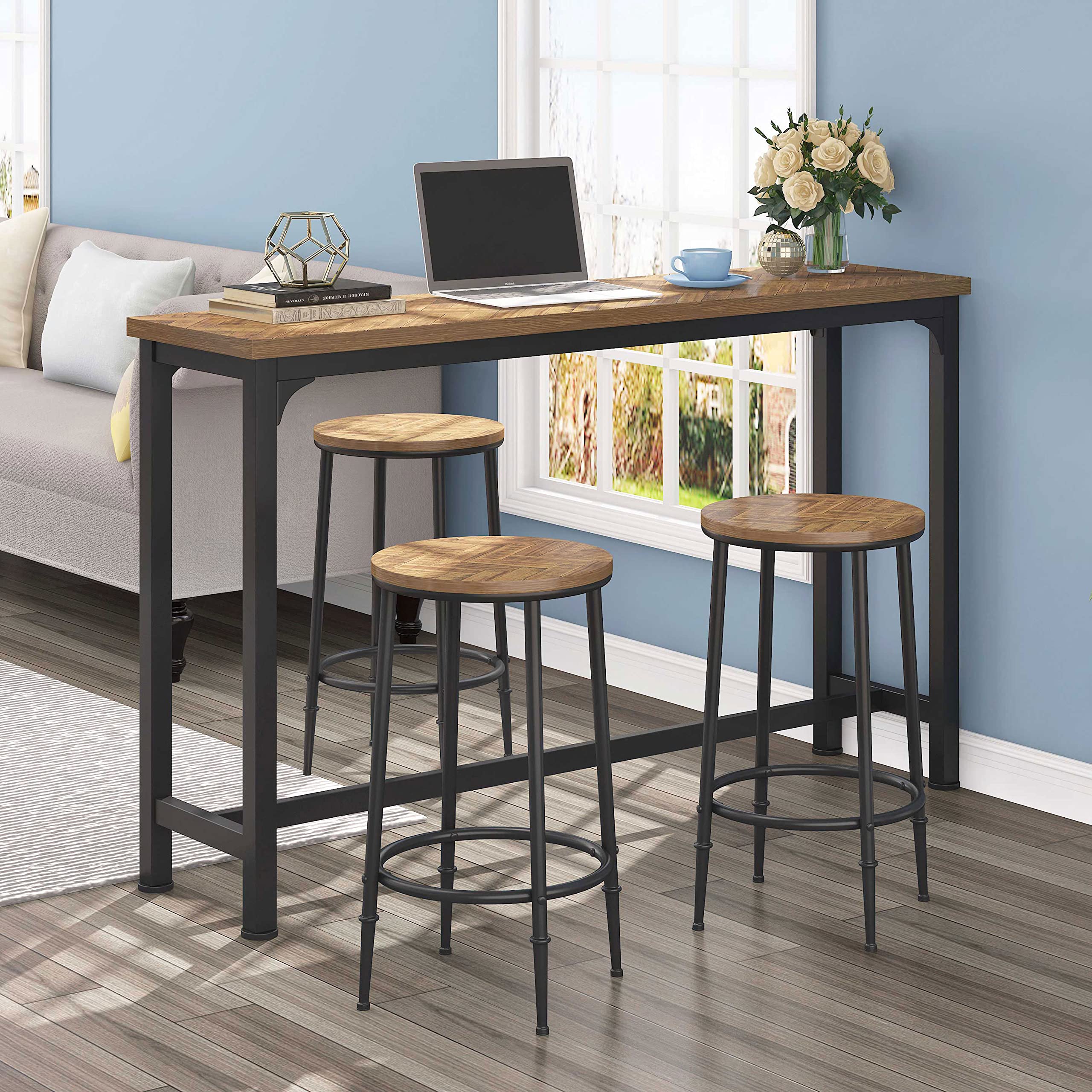 JOSMORE Industrial Bar Table and Chairs Set - Counter Height Pub Table with 4 Stools, Brown - Perfect for Living Room, Kitchen Island, Basement Bar & Man Cave Decor