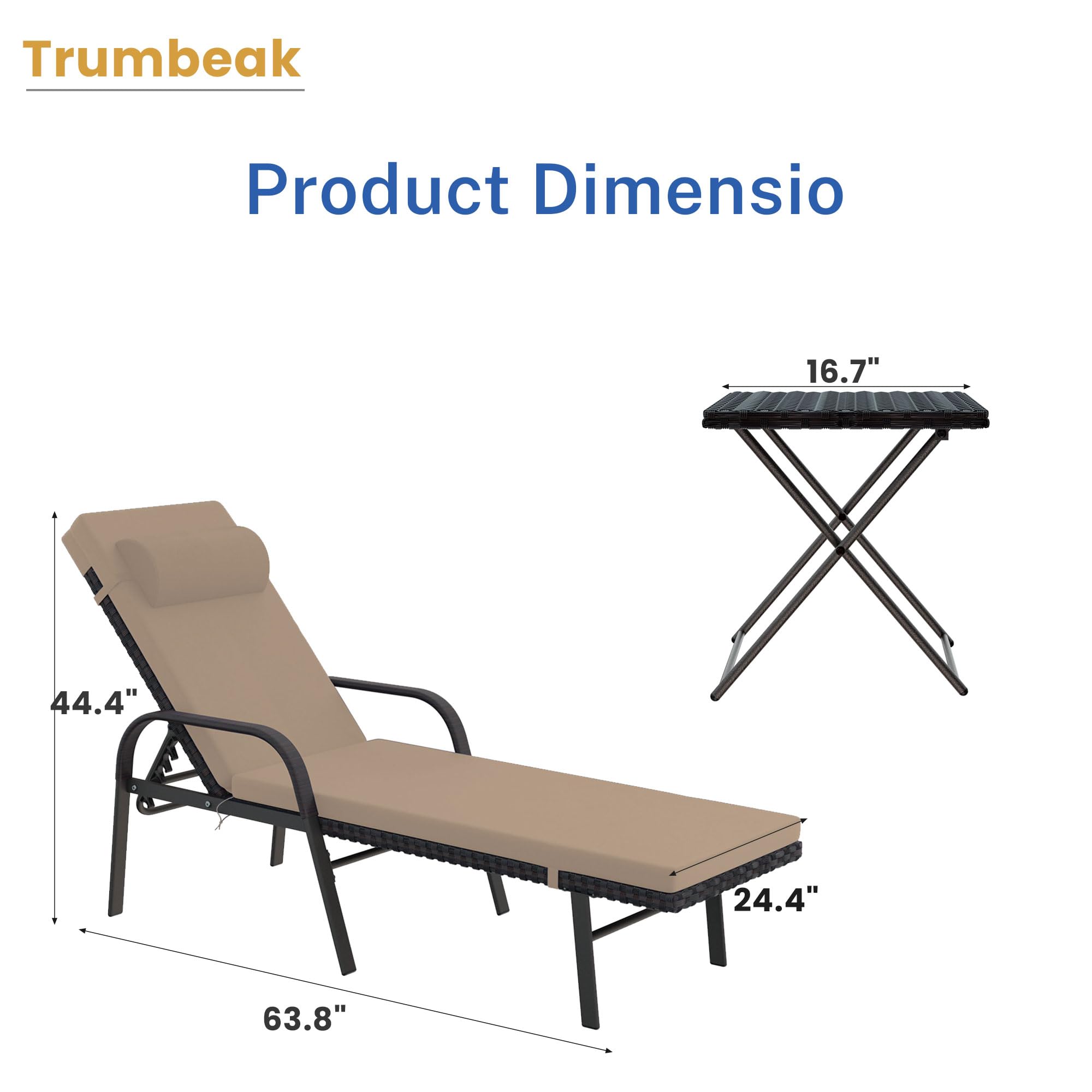 3-Piece Patio Chaise Lounge Set with Cushions - Adjustable Rattan Backrest, Folding Table & Sand Color - Perfect for Poolside, Porch, Backyard & Outdoor Relaxation