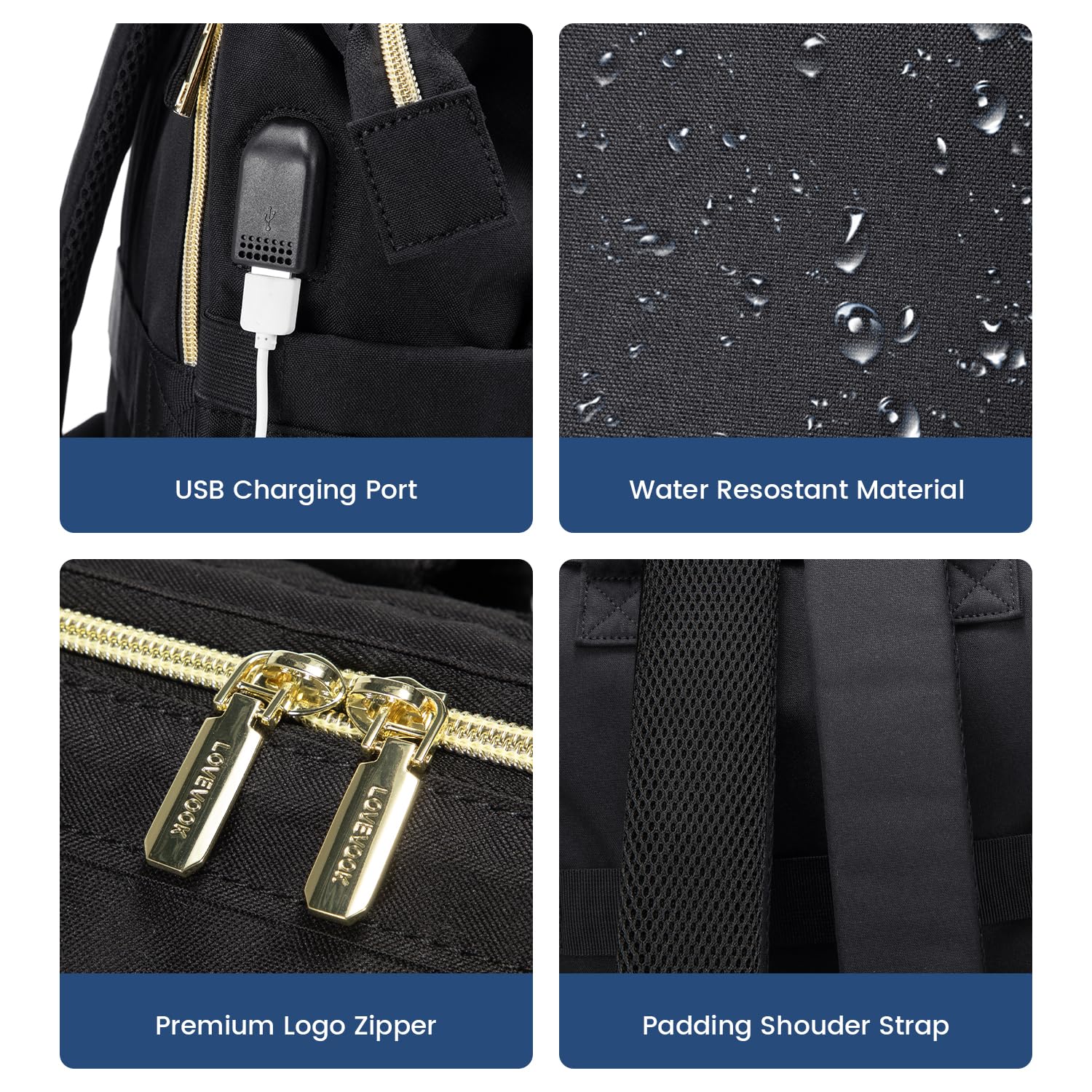 LOVEVOOK 15.6 Inch Laptop Backpack for Women - Waterproof Anti-Theft Work Backpack with USB Charging Port - Perfect for College, Office, Travel & Commuting - Teacher Nurse Computer Bag in Black