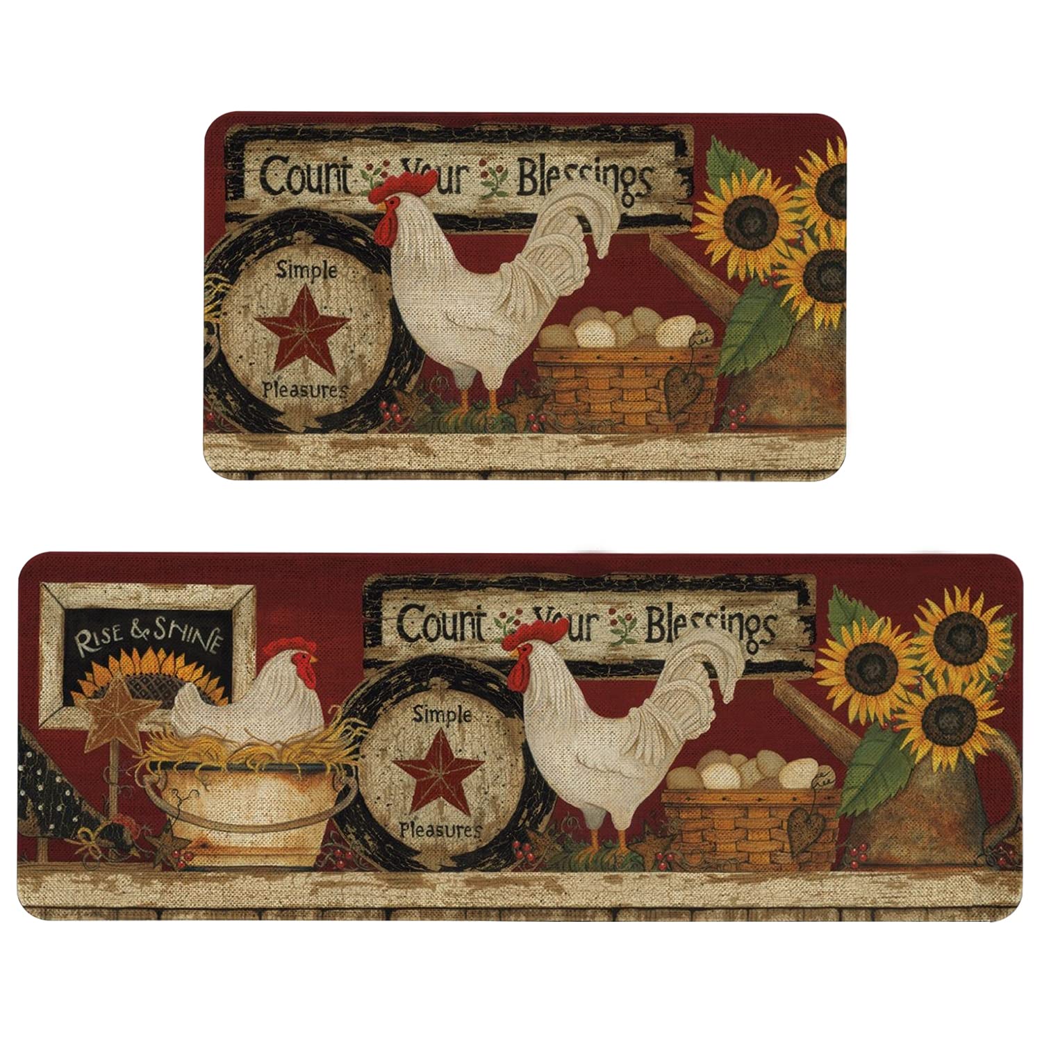 Farmhouse Kitchen Rugs Set of 2 - Non-Slip Washable Rooster Design Floor Mats (17x29 & 17x47 Inch) for Home Decor - Perfect for Farmhouse Style Kitchens, Holiday Cooking & Cozy Dining Areas