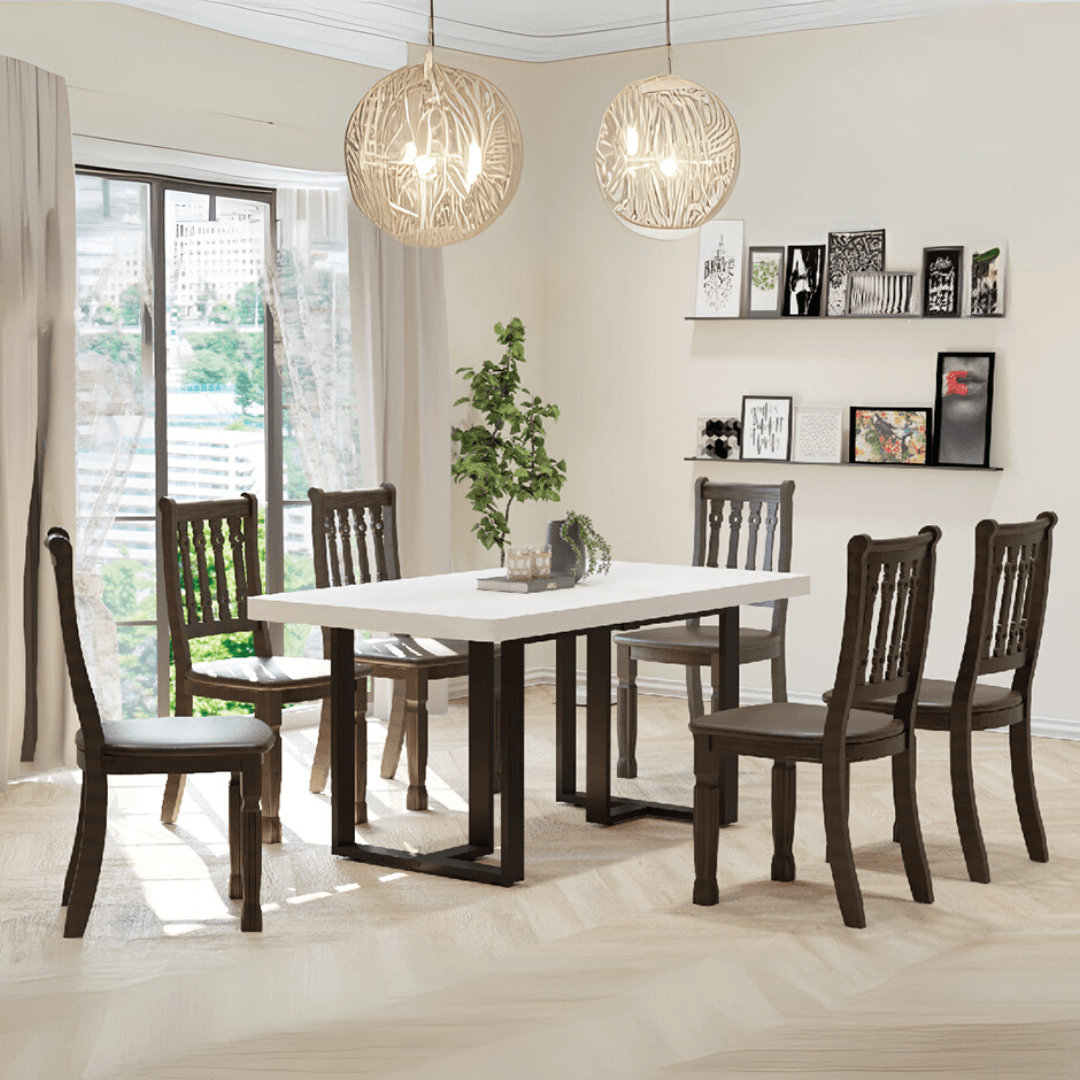 Hadrian Marble Dining Table Set with 6 Chairs - Elegant White Marble Top & Sturdy Metal Base for Modern Dining Room, Kitchen, or Outdoor Patio