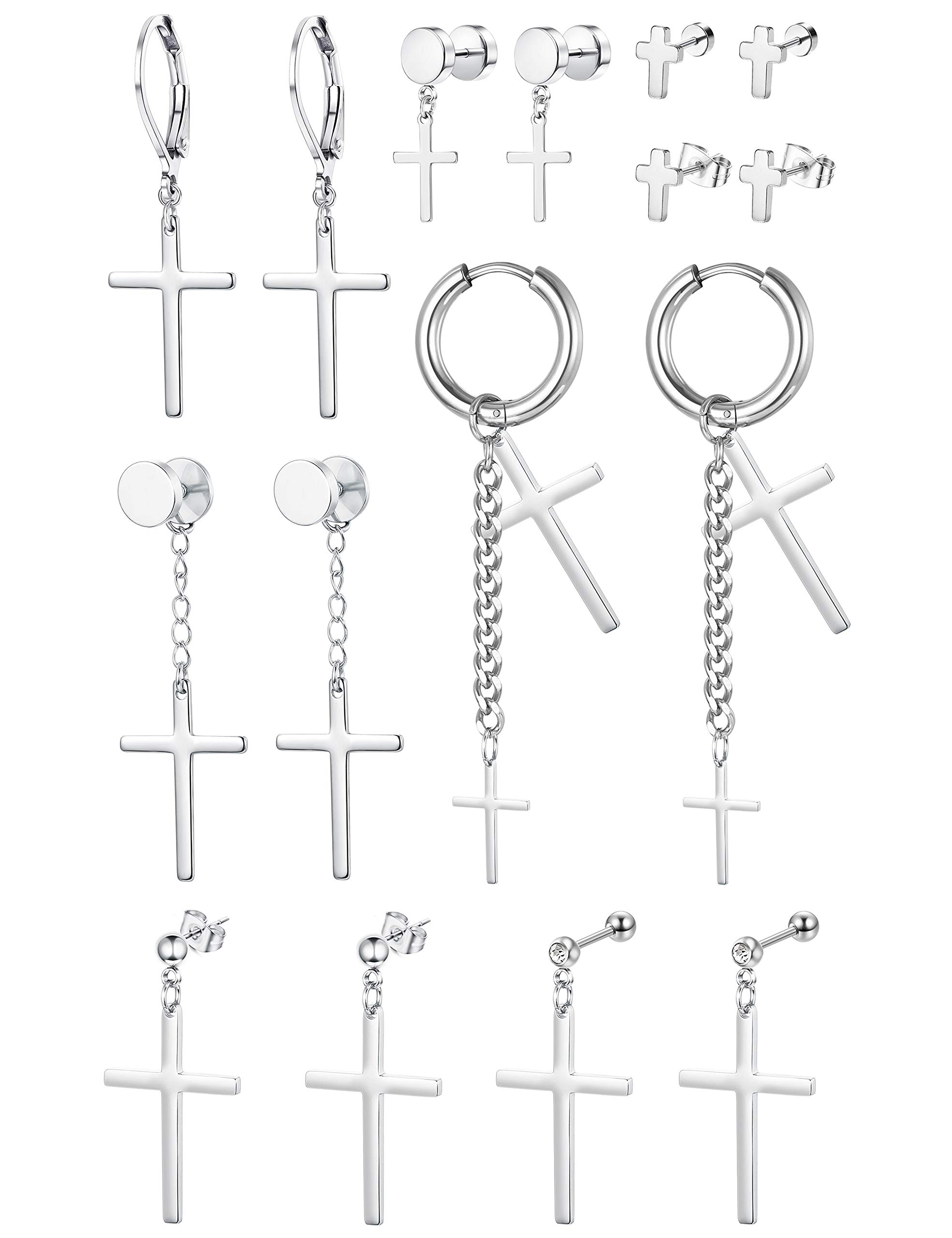 Thunaraz 8 Pairs Stainless Steel Cross Stud Earrings for Men & Women - Dangle Hinged Hoop Huggie Earrings - Vintage Style Body Piercing Jewelry - Perfect for Parties, Gifts & Everyday Wear