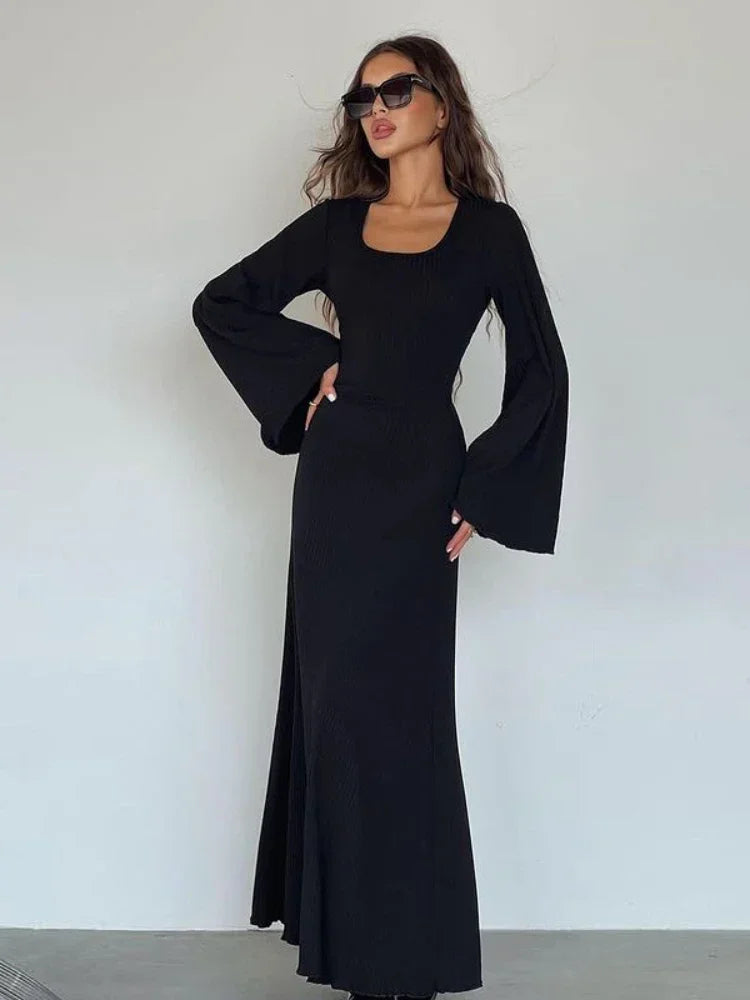 Elegant Back Tie Flared Long Sleeve Rib Knit Maxi Dress for Women - Cozy Winter Fall Clothes - Perfect for Holiday Parties, Date Nights & Office Wear - Wholesale C70 DZ61