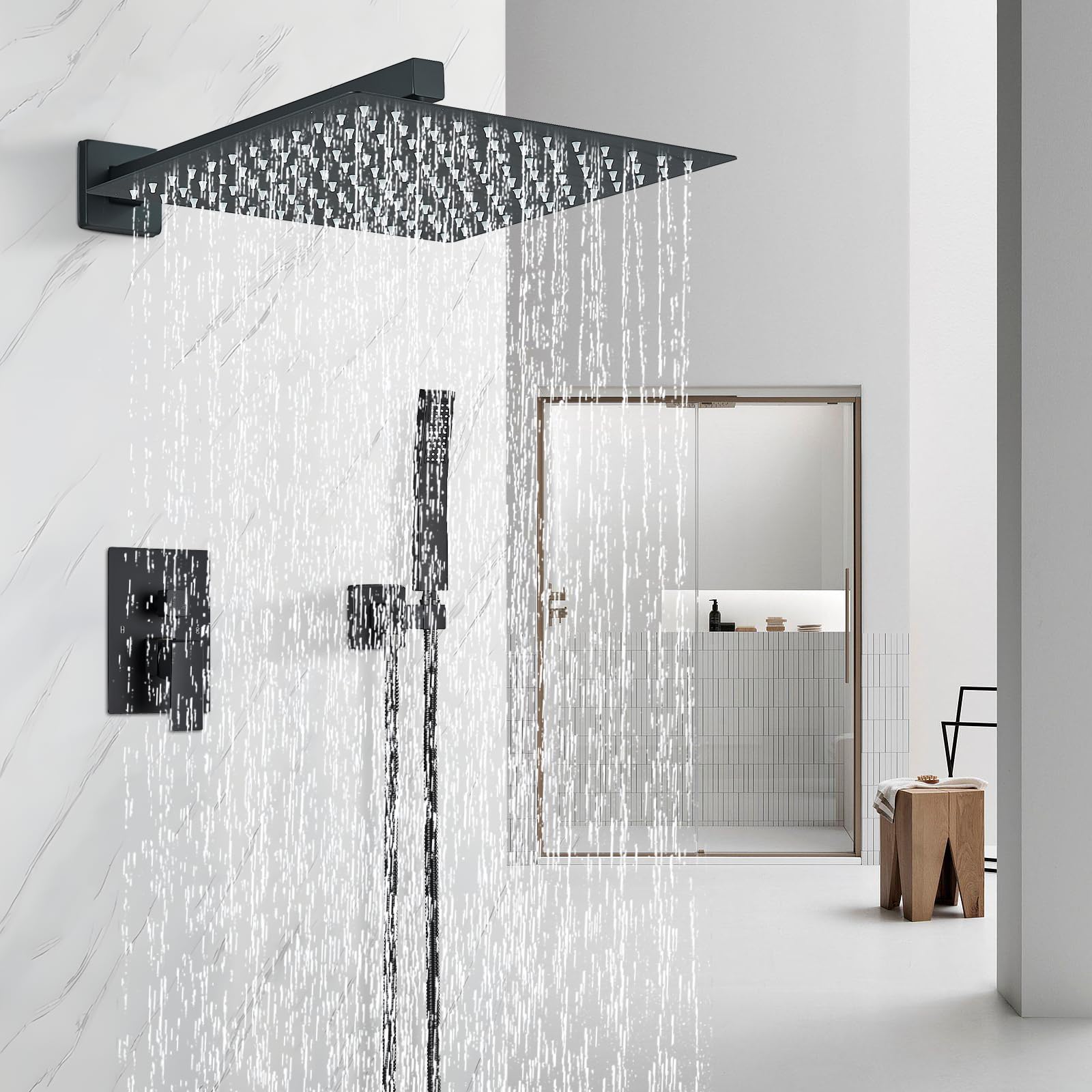 Matte Black Shower Faucet System - 12 Inch Rain Shower Head with Handheld Sprayer | Luxury Wall Mounted Bathroom Shower Set for Modern Home Spa Experience