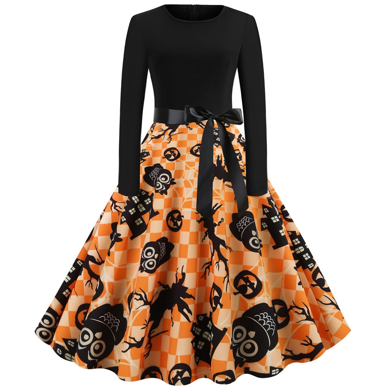 Women's Halloween Long Sleeve T-Shirt Dress - Pumpkin Print Casual Swing Dress for Halloween Party, Cosplay & Cocktail Events | Perfect Halloween Costume for Women
