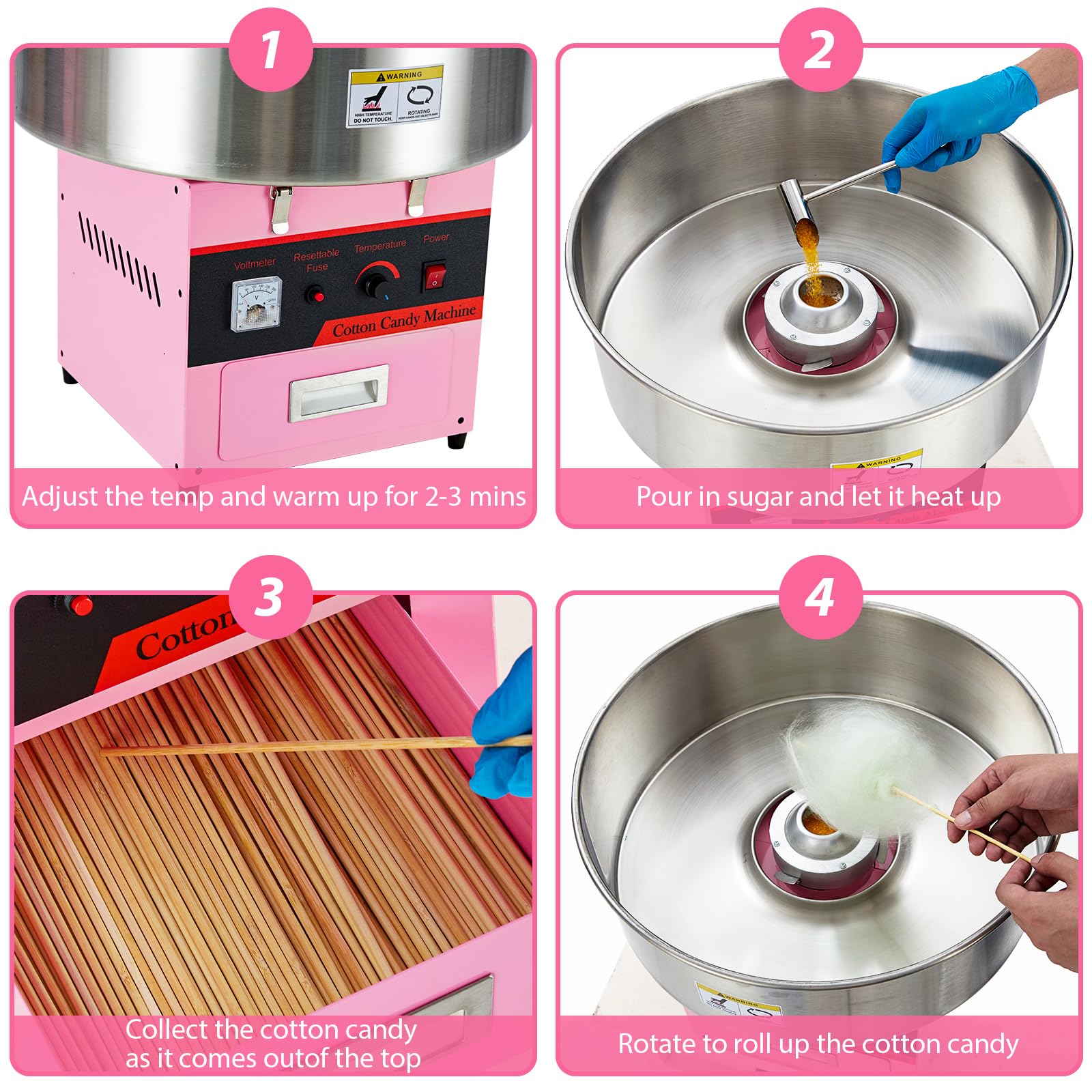 Pink Commercial Cotton Candy Machine with Cart - Stainless Steel Bowl, Sugar Scoop & Drawer for Parties, Carnivals, Fairs & Home Use - Family Fun Cotton Candy Maker (No Lid)