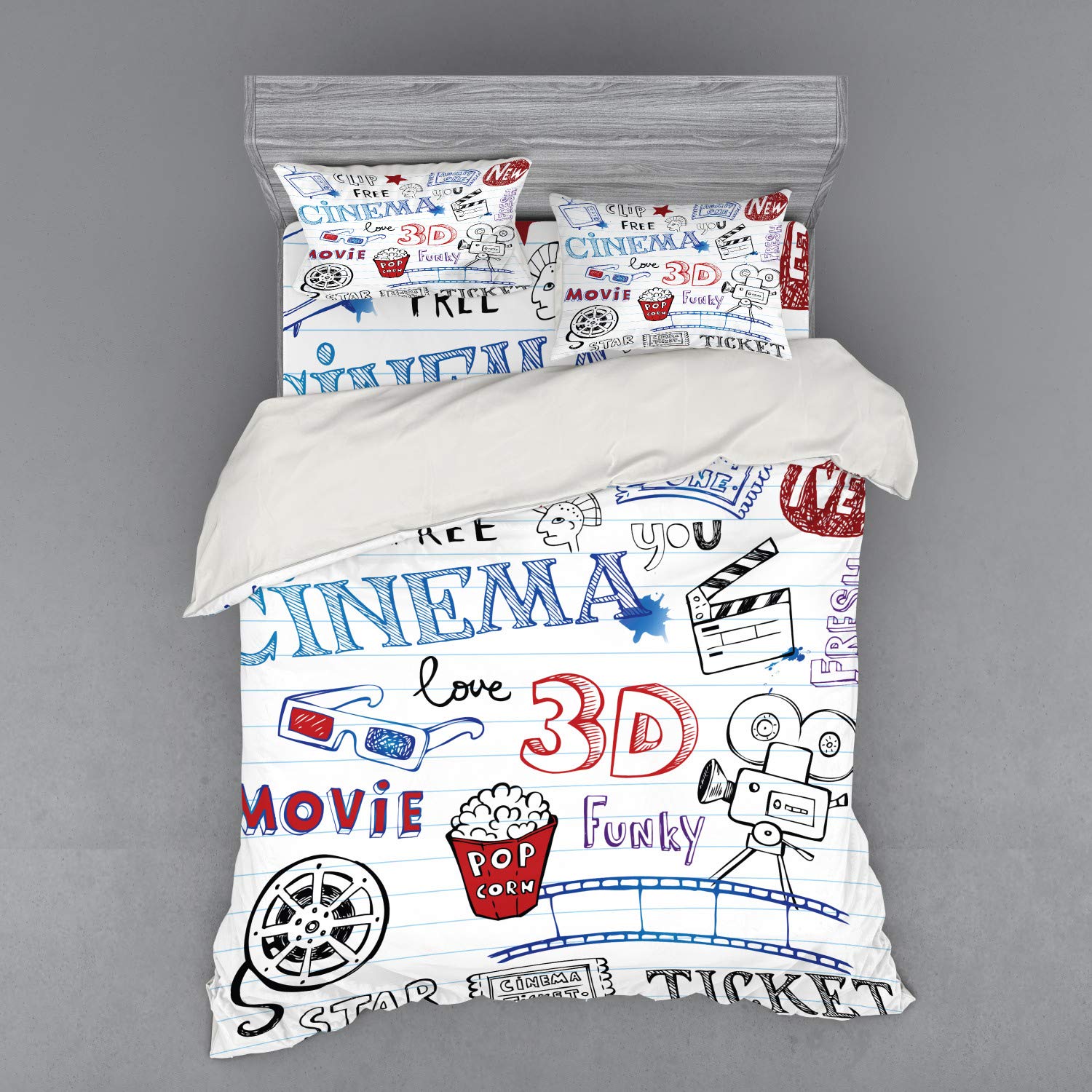 Ambesonne Movie Theater Bedding Set - Hand Drawn Notebook Style Hollywood Theme 4-Piece Duvet Cover Set with Shams & Fitted Sheet, Queen Size, Red & Blue - Perfect for Movie Nights & Themed Bedrooms