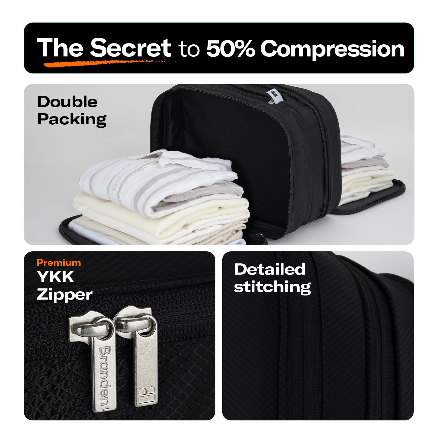 BRANDEN Compression Packing Cube - Small Black Travel Organizer | Space-Saving Luggage Storage for Overnight Trips, Road Trips, Beach Vacations & Cruises | Perfect for Suitcases, Backpacks & Carry-Ons