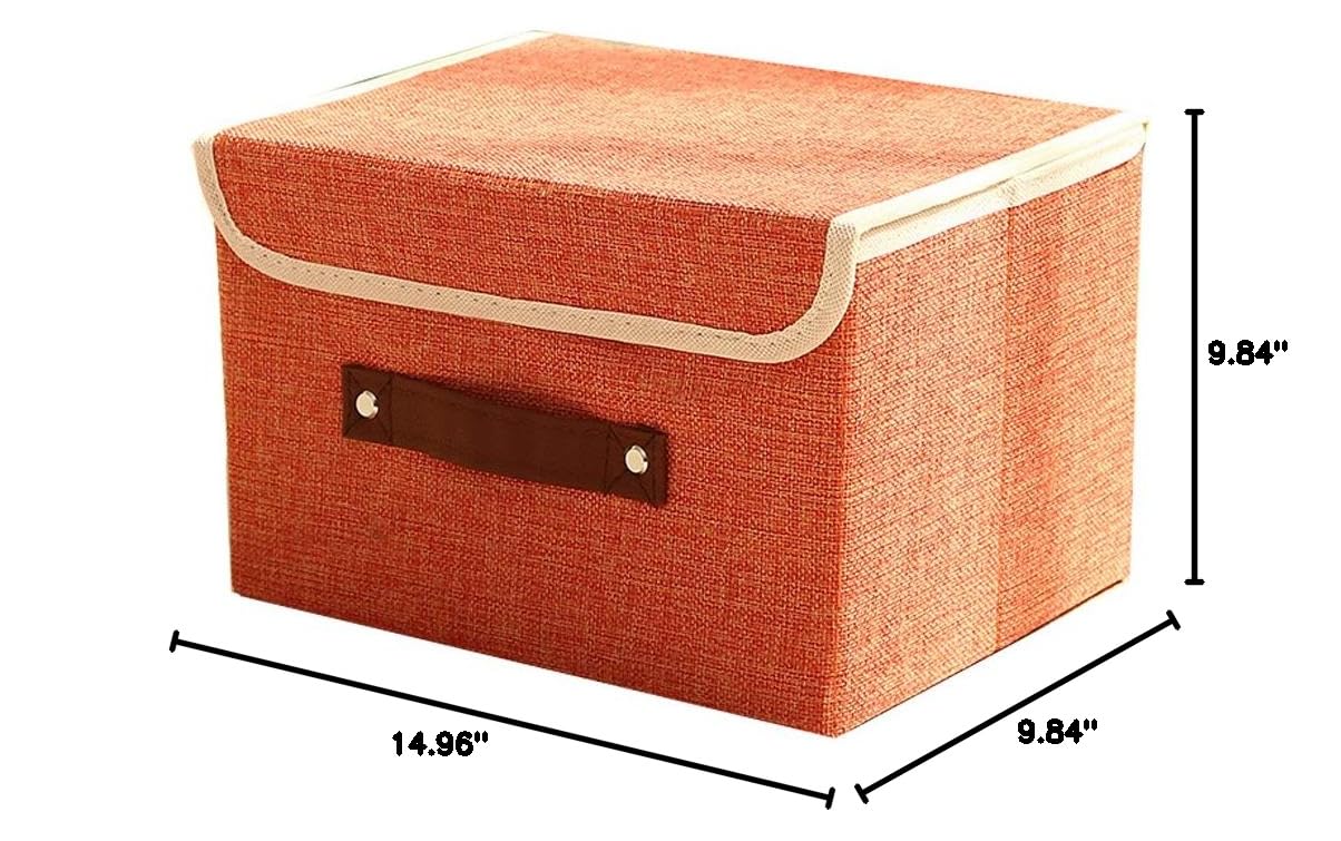 Foldable Storage Bins with Lids & Handles - Large Linen Fabric Storage Cubes Organizer Box with Removable Divider for Home, Office, Nursery, Closet (Orange) | Space-Saving Solution for Shelves, Under Bed & Closet Organization