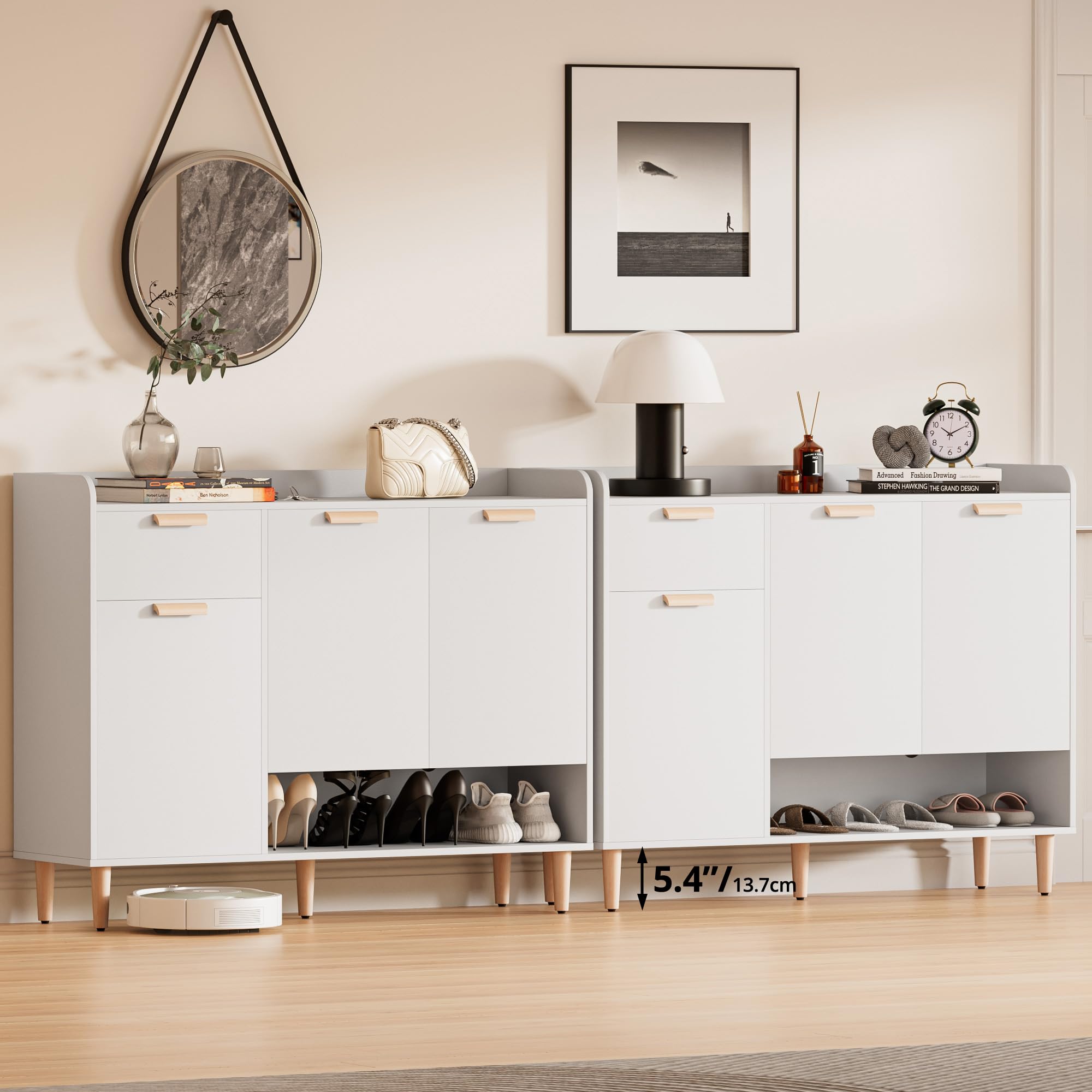 4-Tier Shoe Cabinet with Doors & Drawer - Adjustable Shelves Wooden Shoe Organizer for Entryway, Hallway & Living Room - Freestanding Storage Rack for Shoes, Boots & Accessories - Perfect for Small Spaces & Home Organization (White)
