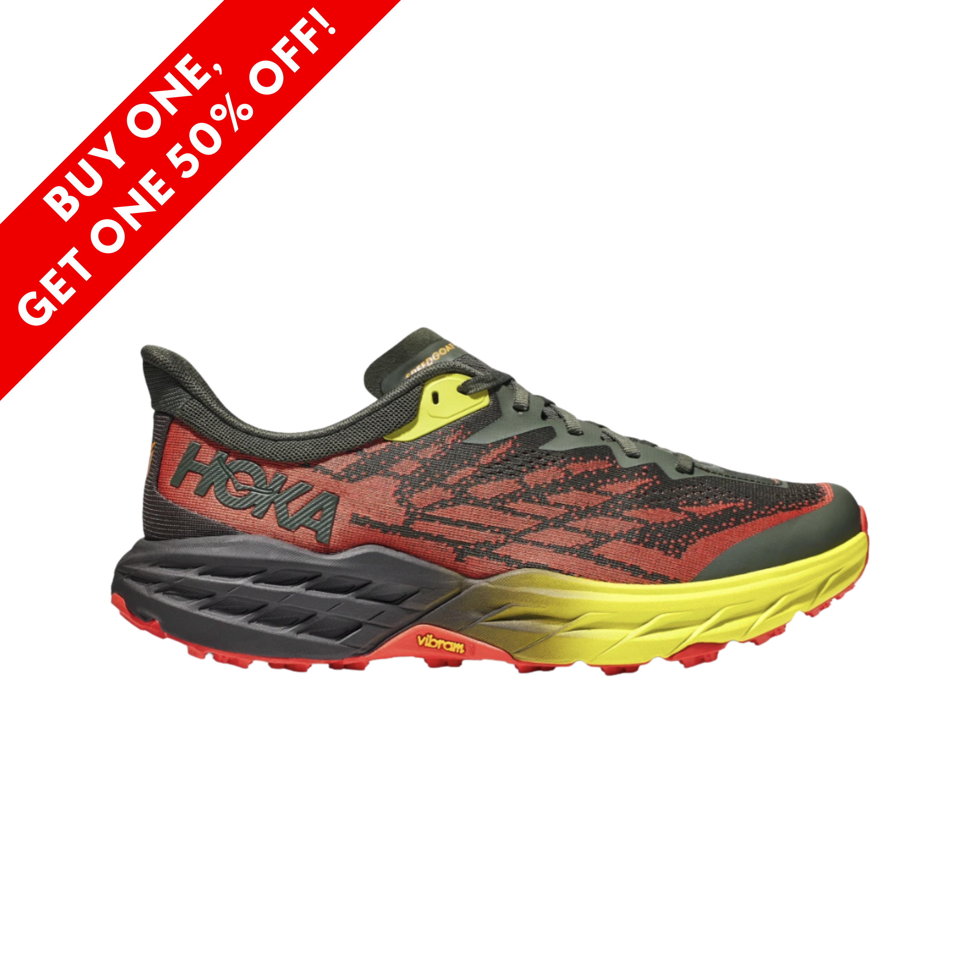 HOKA Men's Speedgoat 5 Trail Running Shoes - Thyme/Fiesta Color (D Width) | Lightweight & Cushioned for Hiking, Trail Running & Outdoor Adventures