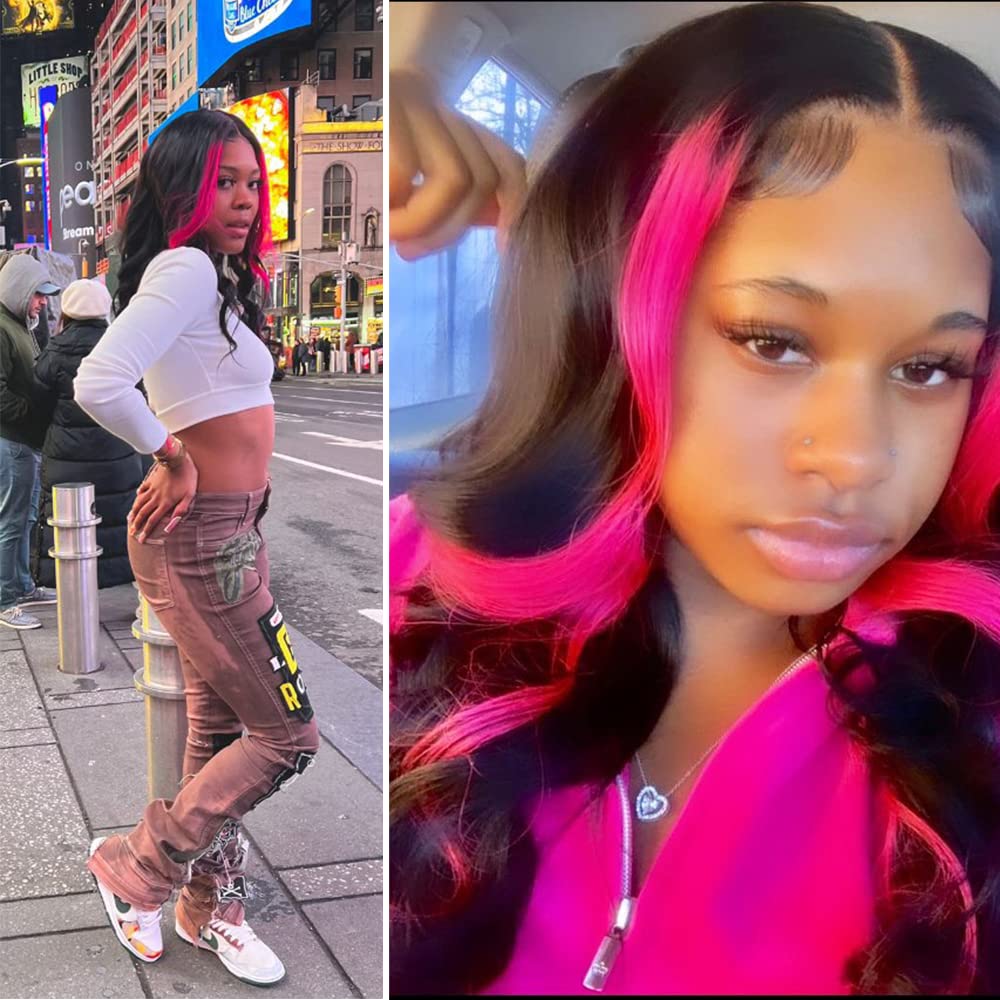 13x4 HD Lace Front Wig - Pink & Red Skunk Stripe Human Hair Wigs for Black Women | Brazilian Virgin Hair with Pre-Plucked Baby Hair | 26 Inch | Perfect for Cosplay, Parties & Fashion Looks
