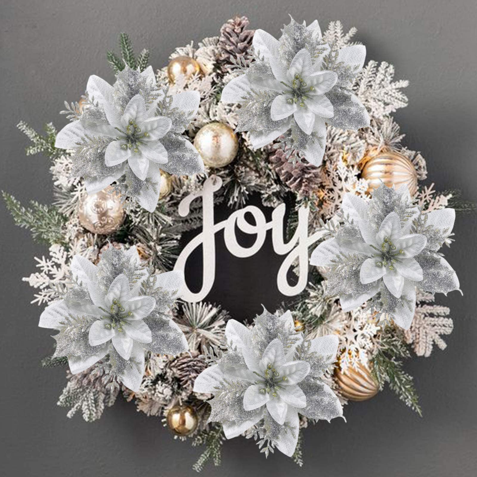 12 Pack Christmas Poinsettia Flowers with Clips & Stems - Glitter Silk Floral Picks for Holiday Decorations, Wreaths, Tree Ornaments, Table Centerpieces & Party Decor (Silver) - Perfect for Christmas, Home, Office & Festive Celebrations