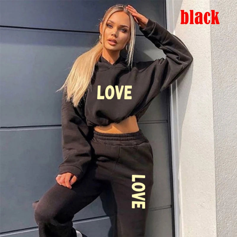Women's 2-Piece Tracksuit Set - LOVE Letter Print Hoodie & Jogger Pants, Casual Winter Sportswear, 8 Color Options for Gym, Running & Lounge Wear