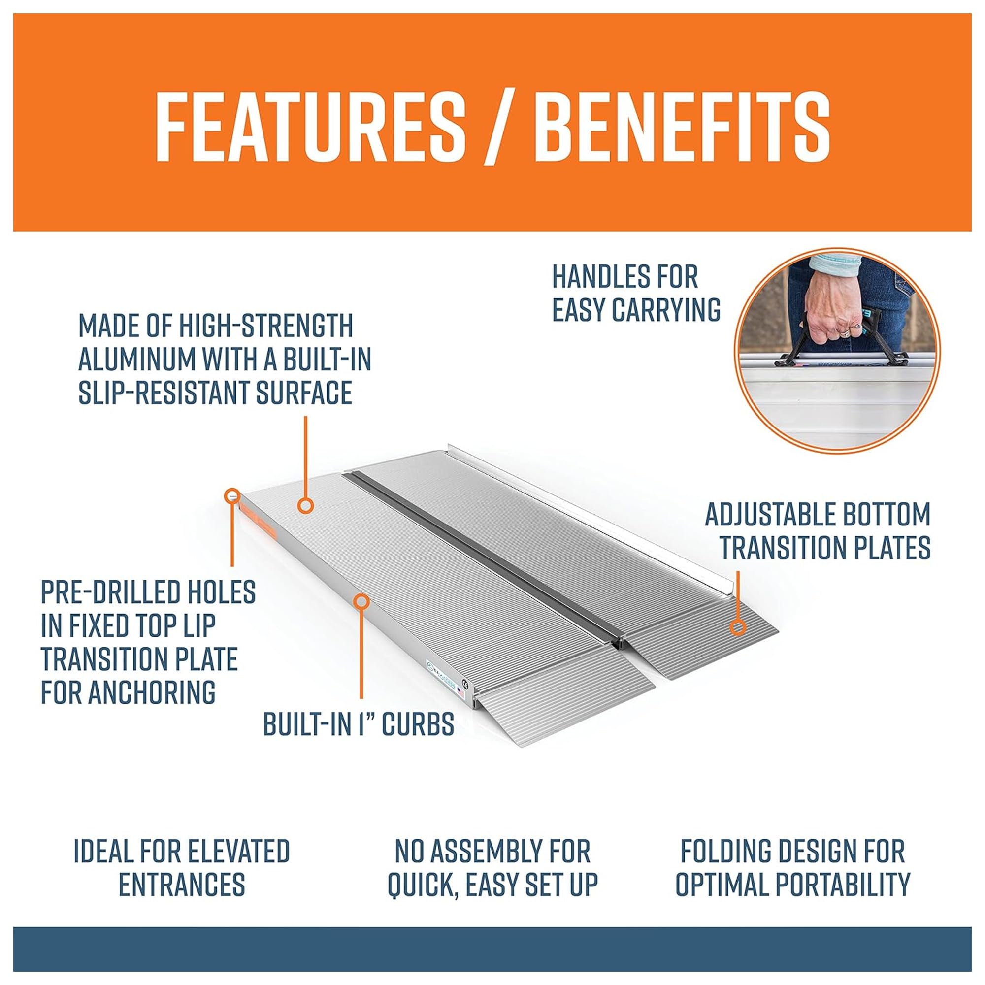 EZ-ACCESS 5ft x 30in Portable Singlefold Wheelchair Ramp with Ergonomic Handles, Anti-Slip Extruded Tread & Self-Adjusting Transition Plates - Lightweight Aluminum Mobility Ramp for Homes, Vehicles & Wheelchair Access (ADA Compliant)