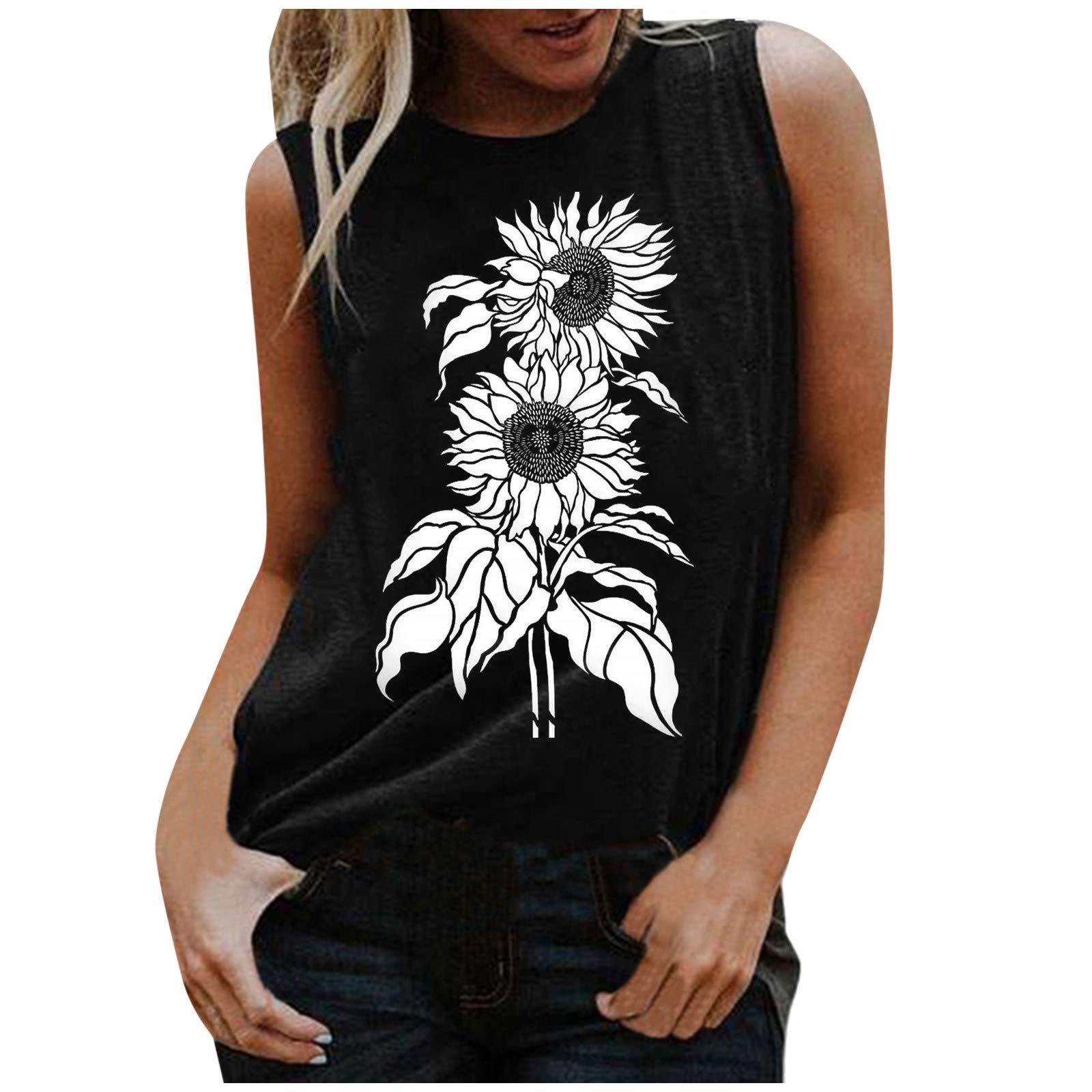 Women's White Cotton Tank Top Sleeveless Casual Sunflower Printed Daisy Blouse - O-Neck Summer T-Shirt for Beach, Yoga & Everyday Wear
