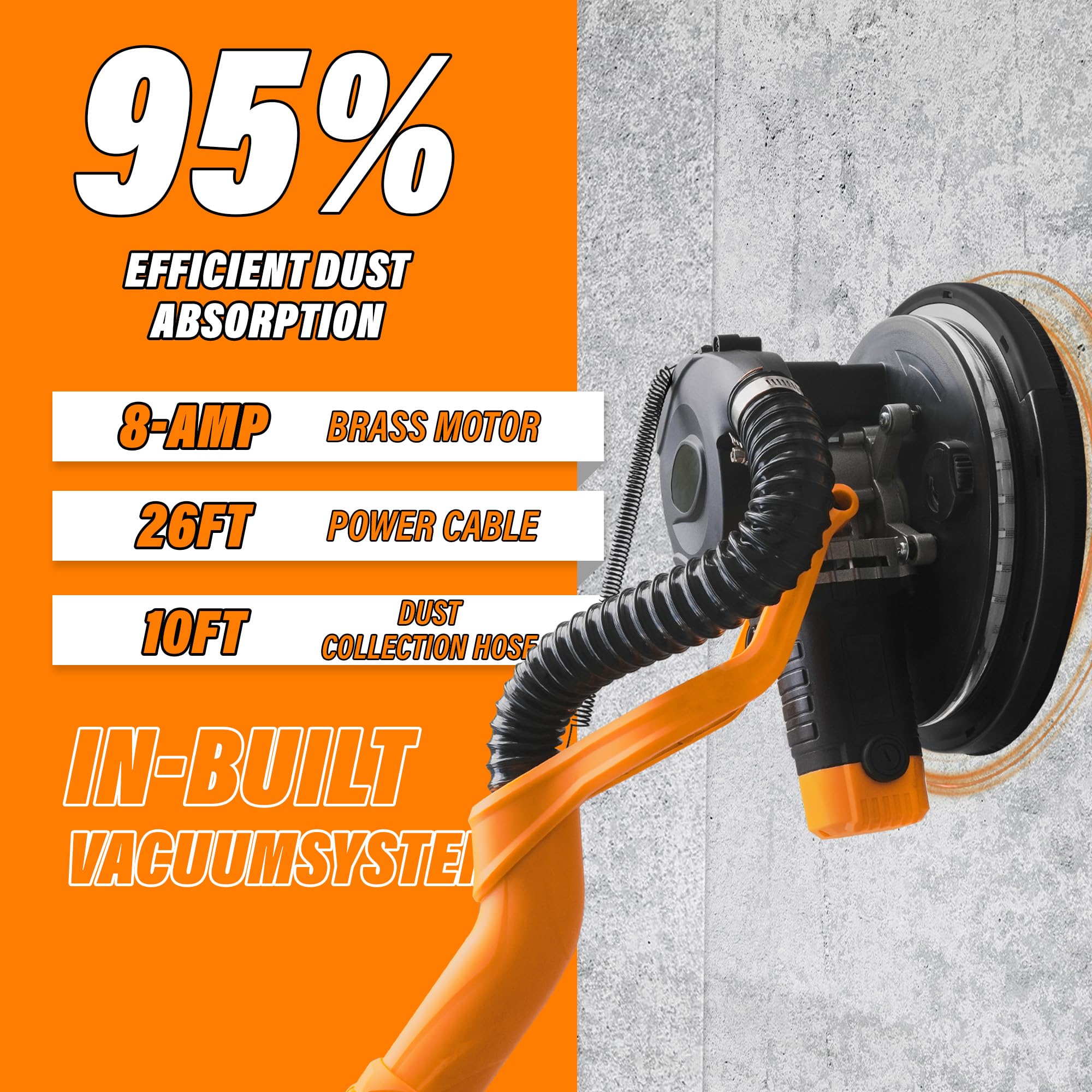 1050W Electric Drywall Sander with Vacuum System - Heavy Duty LCD Digital Display, 9-Speed Adjustable (800-2100 RPM) - Foldable Extendable Handle & 12 Sanding Discs Included - Perfect for Drywall, Wood Floor Sanding & Home Renovation Projects