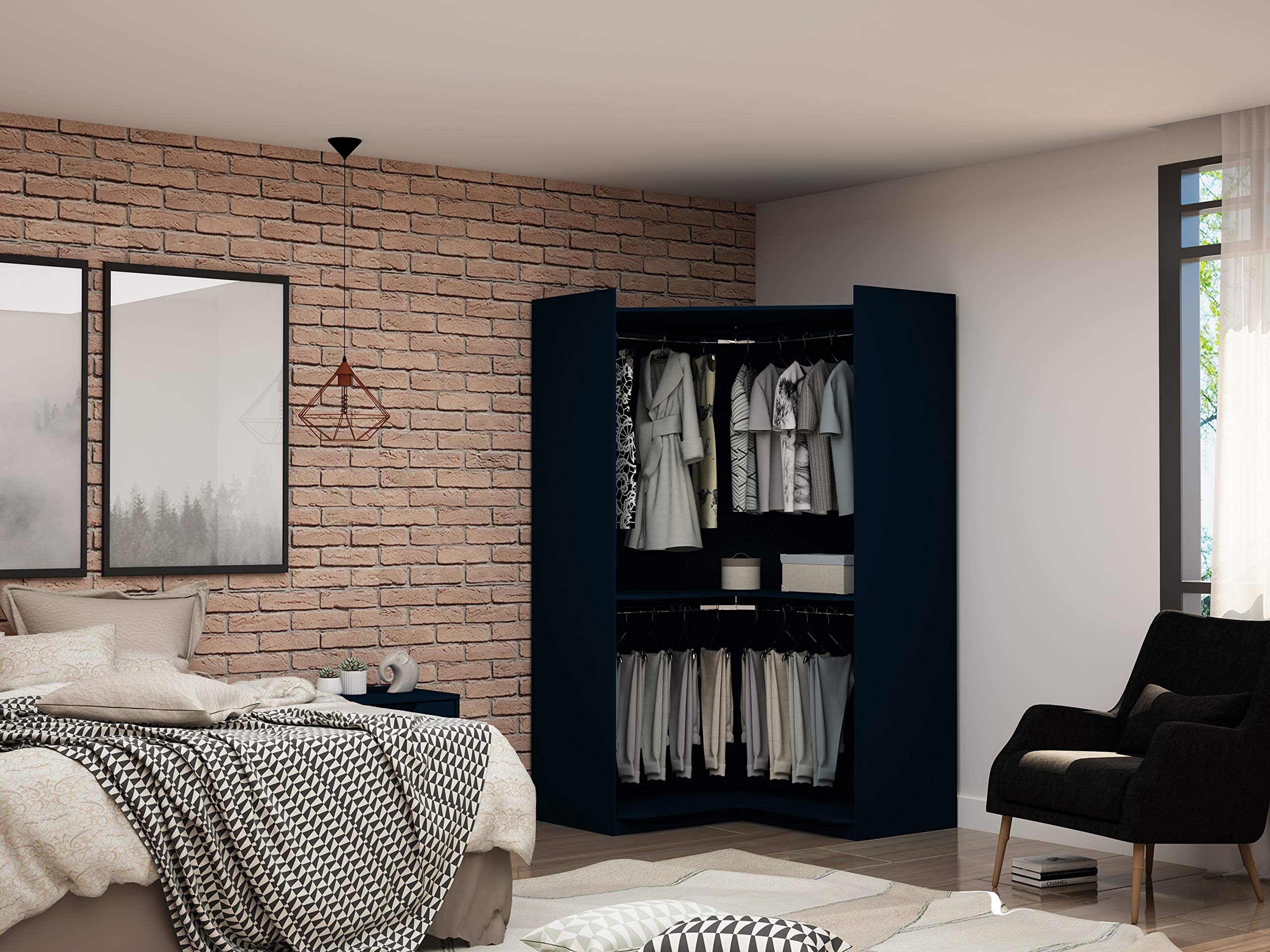 Modern Free-Standing Corner Wardrobe Closet with Rounded Hanging Rods & Open Shelves - Space-Saving Storage Solution for Bedroom, Living Room or Office - Tatiana Midnight Blue by Manhattan Comfort