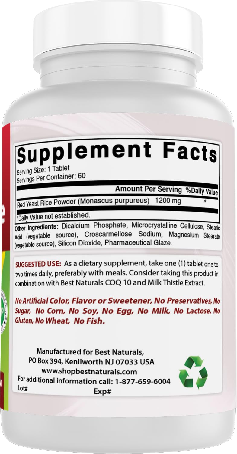 Best Naturals Red Yeast Rice Supplement 1200mg - 60 Tablets (Citrinin Free) for Cholesterol Support & Heart Health - Supports Cardiovascular Wellness Naturally