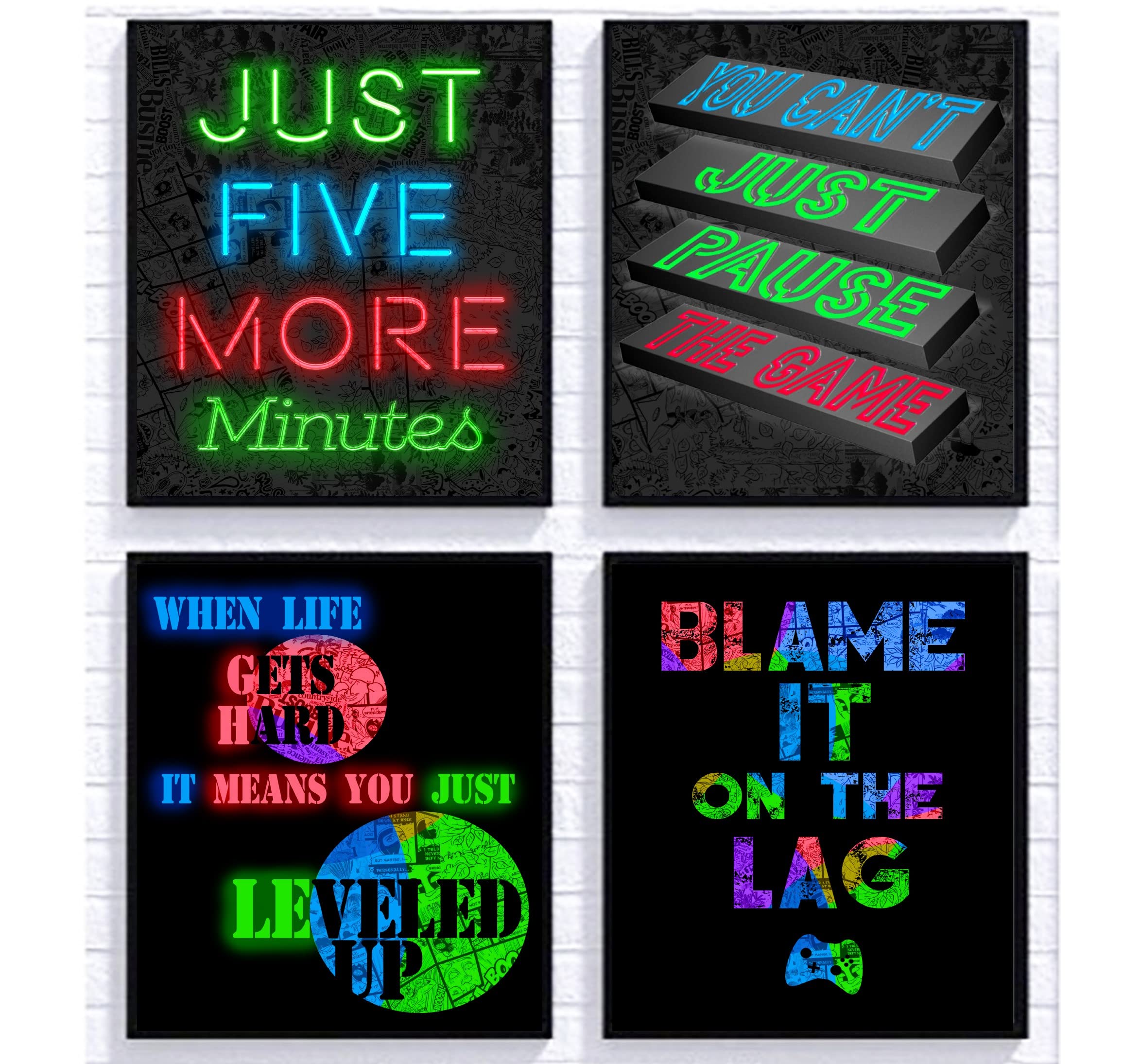 RGB Retro Video Game Wall Art Set of 4 - 8x10 Inch Gaming Posters with Funny Quotes - Perfect for Teen Boys Bedroom & Game Room Decor - USA Made - Great Gift for Gamers & Birthday Presents - Enhance Your Gaming Setup & Man Cave Decor
