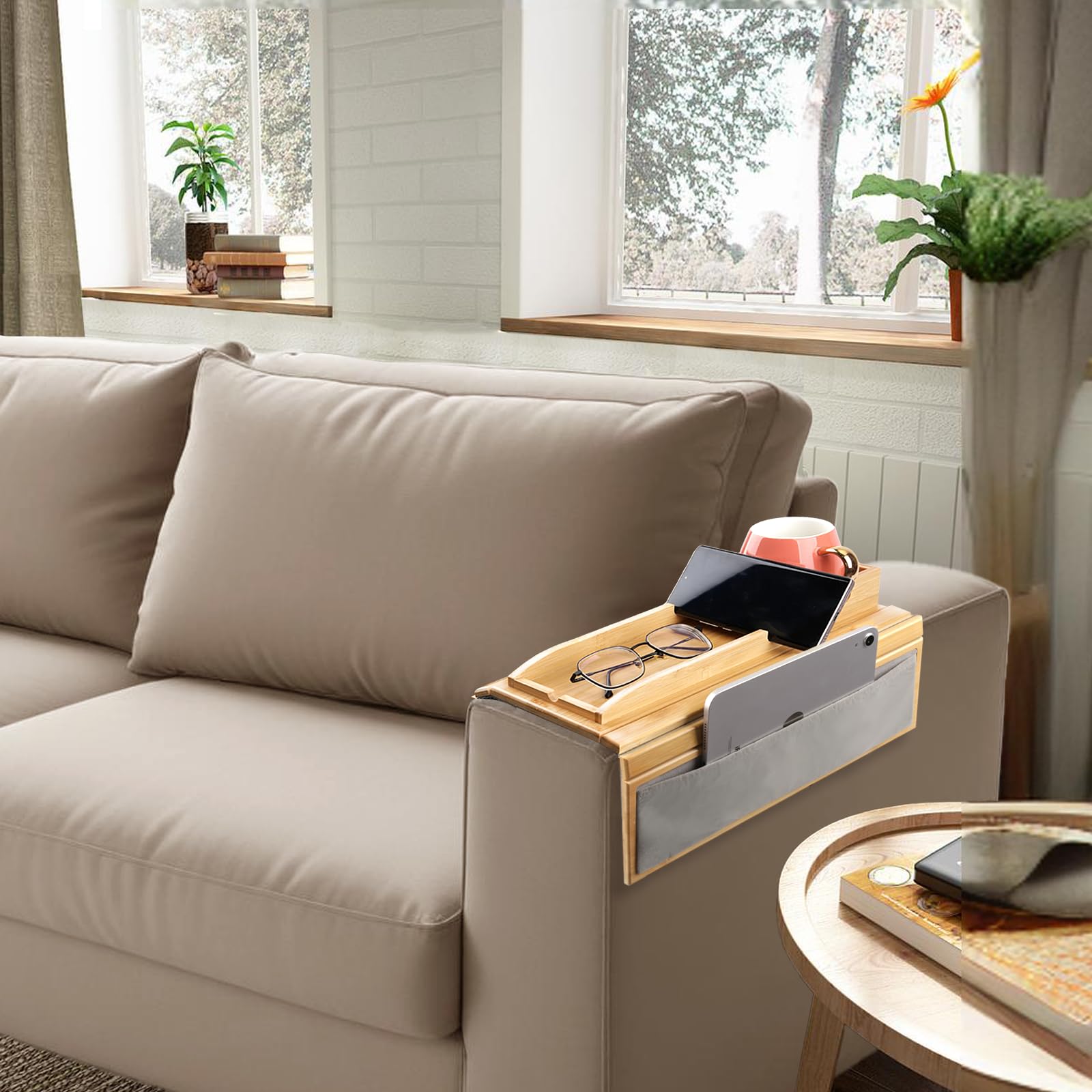 4-in-1 Bamboo Couch Arm Tray with Cup Holder & Storage Pocket - Anti-Slip Sofa Side Table for Drinks, Snacks, Remote & Phone - Perfect for Movie Nights & Relaxing on Your Couch
