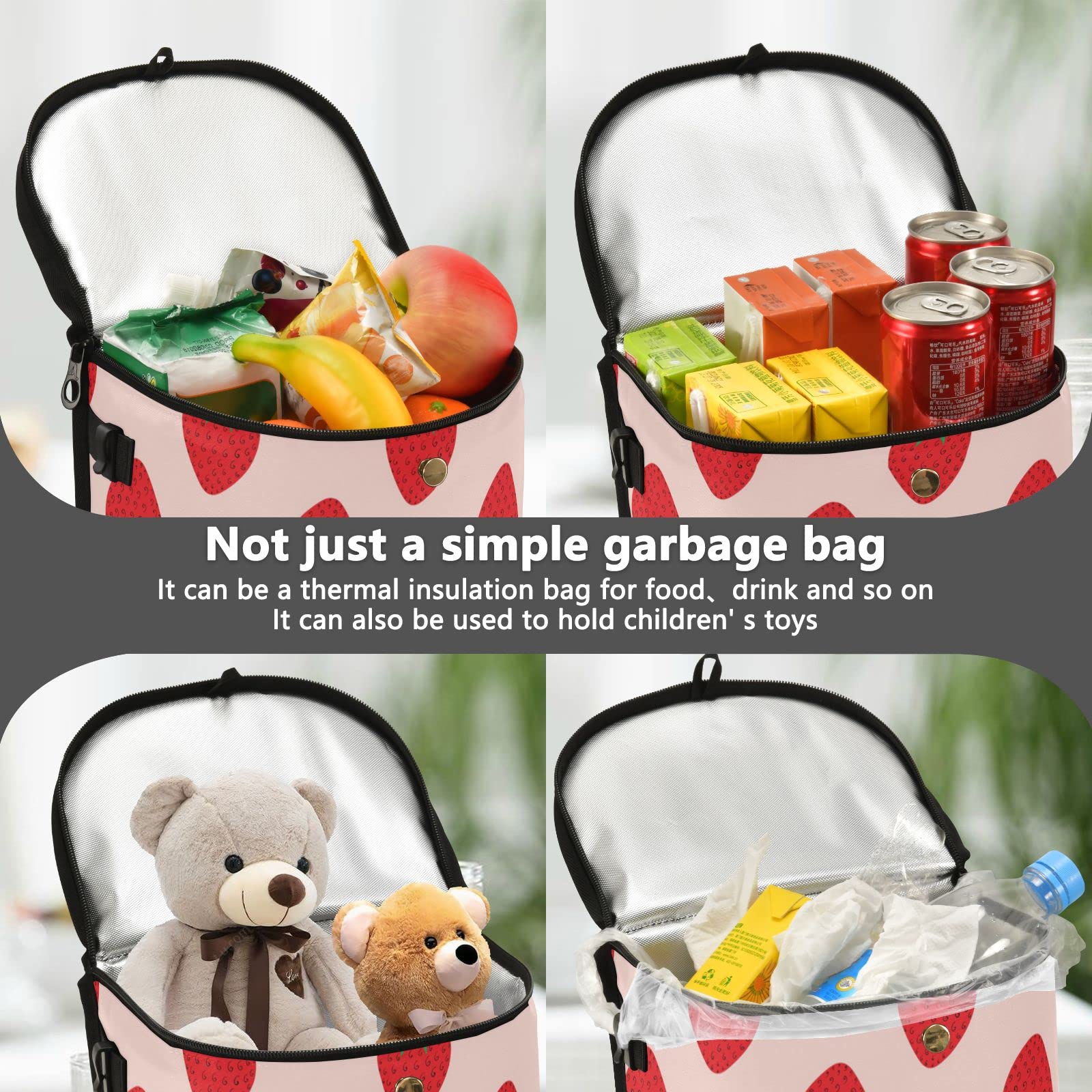 Strawberry Fruit Car Trash Can with Zipper Lid - Waterproof Leak-Proof Hanging Car Organizer - Multipurpose Garbage Bag for Car Storage & Trash Containment - Perfect for Road Trips, Commuting & Keeping Your Vehicle Clean