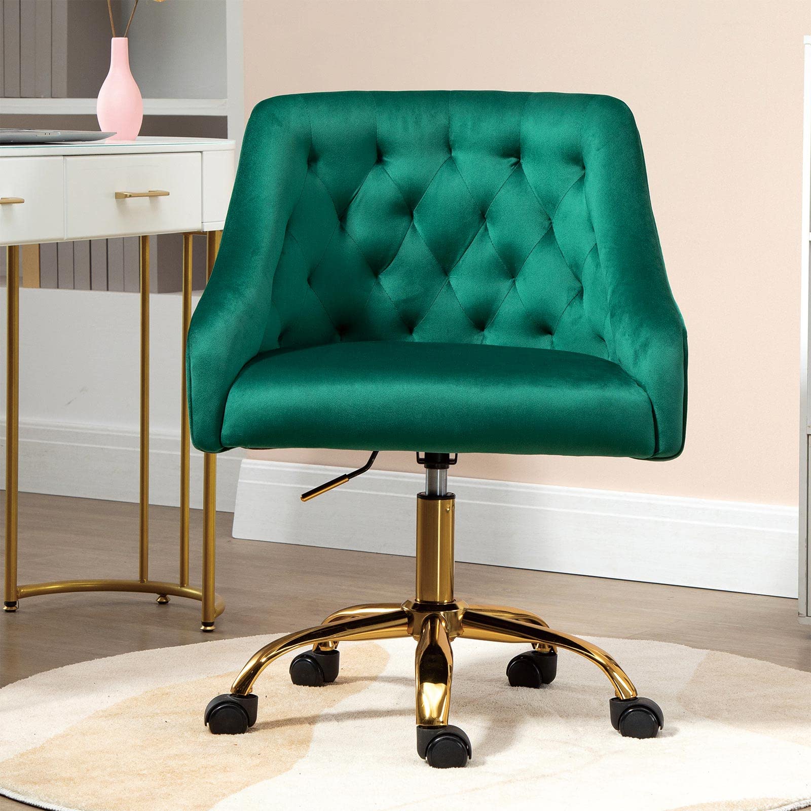 Velvet Ergonomic Office Chair - Adjustable Swivel Task Chair with Arms & Wheels, Upholstered Computer Desk Chair for Home Office, Makeup Vanity, Gaming & Study - Green Velvet Chair with Metal Base