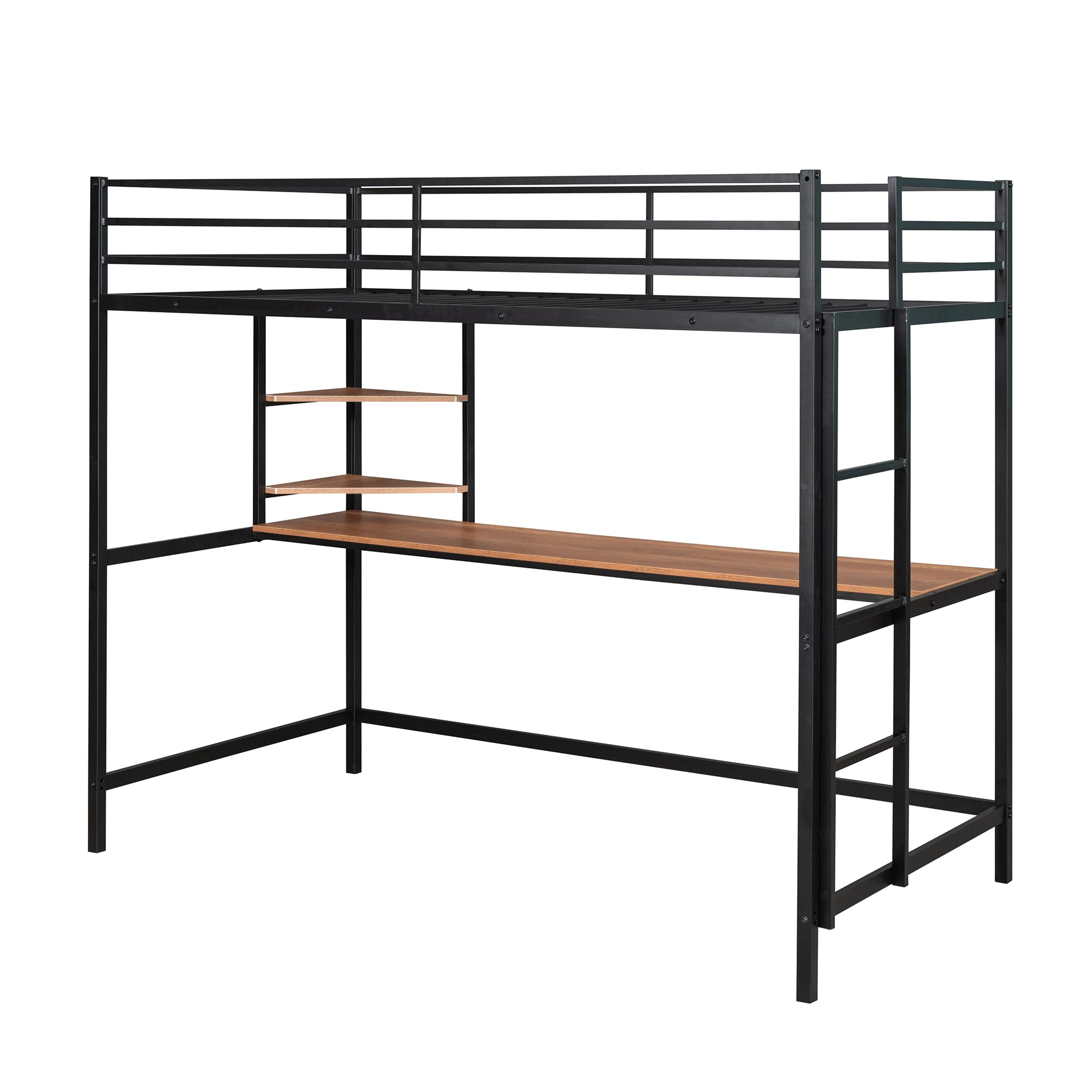 Twin Size Loft Bed with Desk & Storage - Heavy Duty Metal Frame with Safety Guardrail for Kids - Space Saving Black Loft Bed for Small Rooms & Dormitories - Perfect for Study, Sleep & Organization