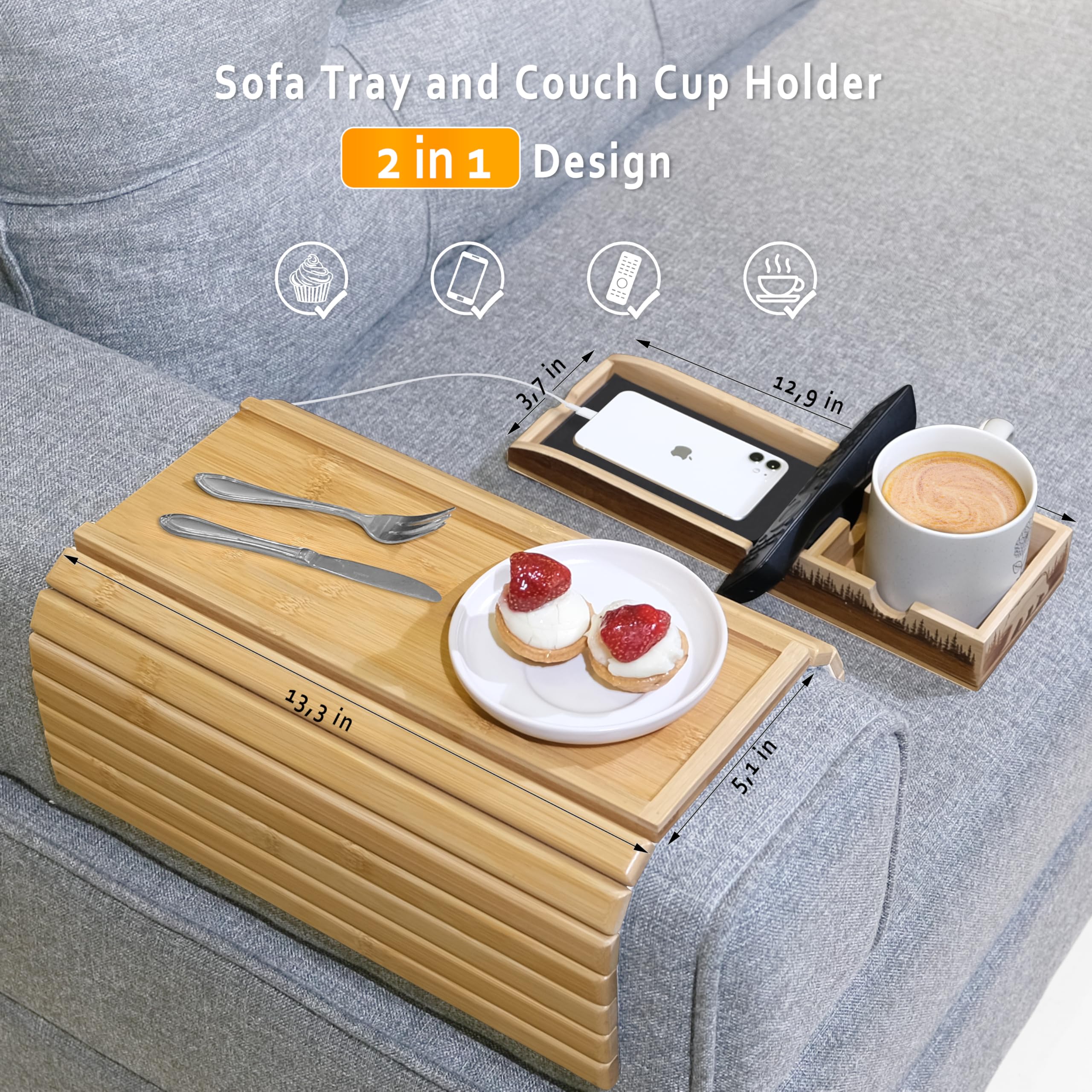 Bamboo Couch Cup Holder Tray - Sofa Arm Table & Side Table for Living Room Furniture | Home Decor Accessories, Couch Organizer, TV Snack Tray - Perfect for Movie Nights & Relaxing in Living Room
