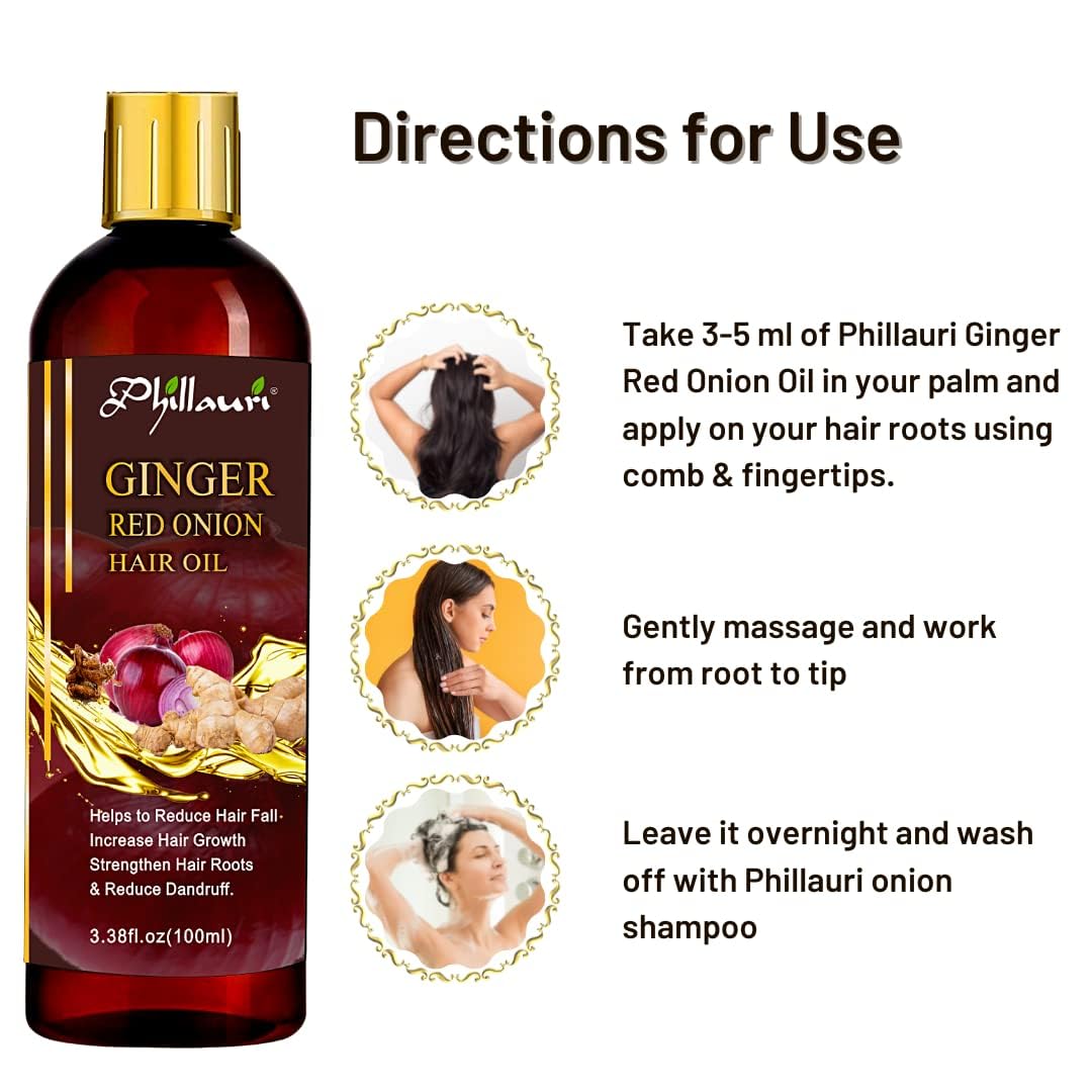 Phillauri Ginger Red Onion Herbal Hair Oil for Hair Growth & Scalp Care - 100ml Natural Hair Treatment for Thicker, Stronger Hair - Perfect for Daily Use & Hair Regimen