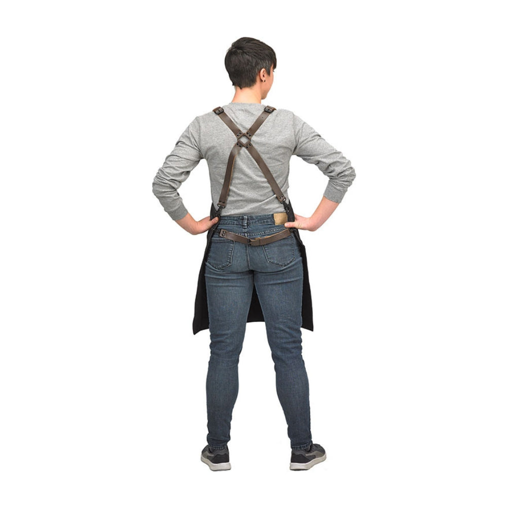 Mercer Culinary Renegade Black Denim Bib Apron with Brown Leather Straps - Professional Chef Apron for Cooking, Grilling & BBQ - Perfect for Restaurants, Catering & Home Kitchen Use