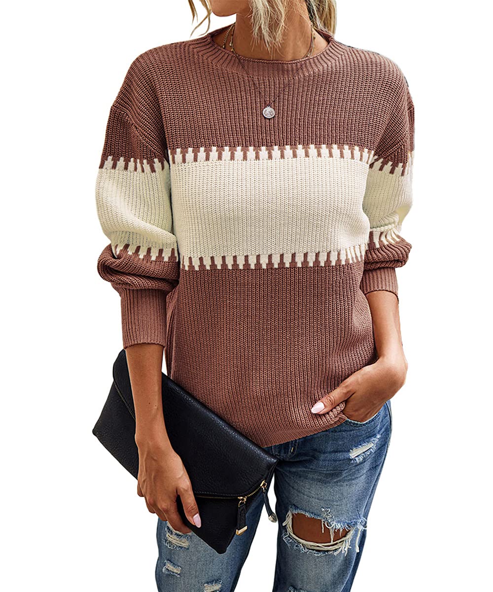 Women's Color Block Knit Sweater - Long Sleeve Crewneck Loose Pullover Top for Casual Wear, Office & Fall Outfits | Cozy Winter Jumper for Layering