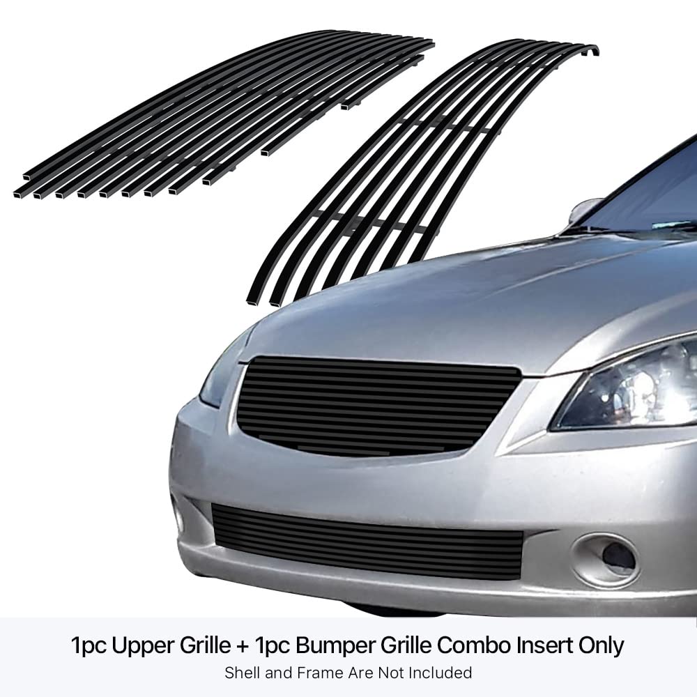 APS Compatible with Nissan Altima 2005-2006 Upper & Lower Bumper Grille Insert Combo - Black Billet Front Grill Replacement (Part #N87965H) - Upgrade Your Car's Style & Protection