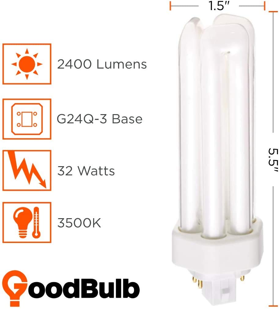 GoodBulb 32-Watt CFL Light Bulbs | 4 Pin GX24Q-3 Base 3500K Soft White | 2400 Lumens Energy Efficient Triple Tube Plug-in Compact Fluorescent Bulbs | Pack of 10 | Perfect for Office Lighting, Kitchen Fixtures & Commercial Spaces