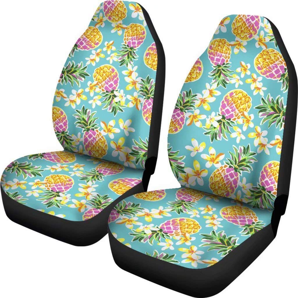 Tropical Pineapple Plumeria Floral Car Seat Covers - 2 Pack Universal Fit Front Seat Protectors for Cars, SUVs & Trucks | Waterproof & Non-Slip Design for Beach Trips & Summer Road Travel