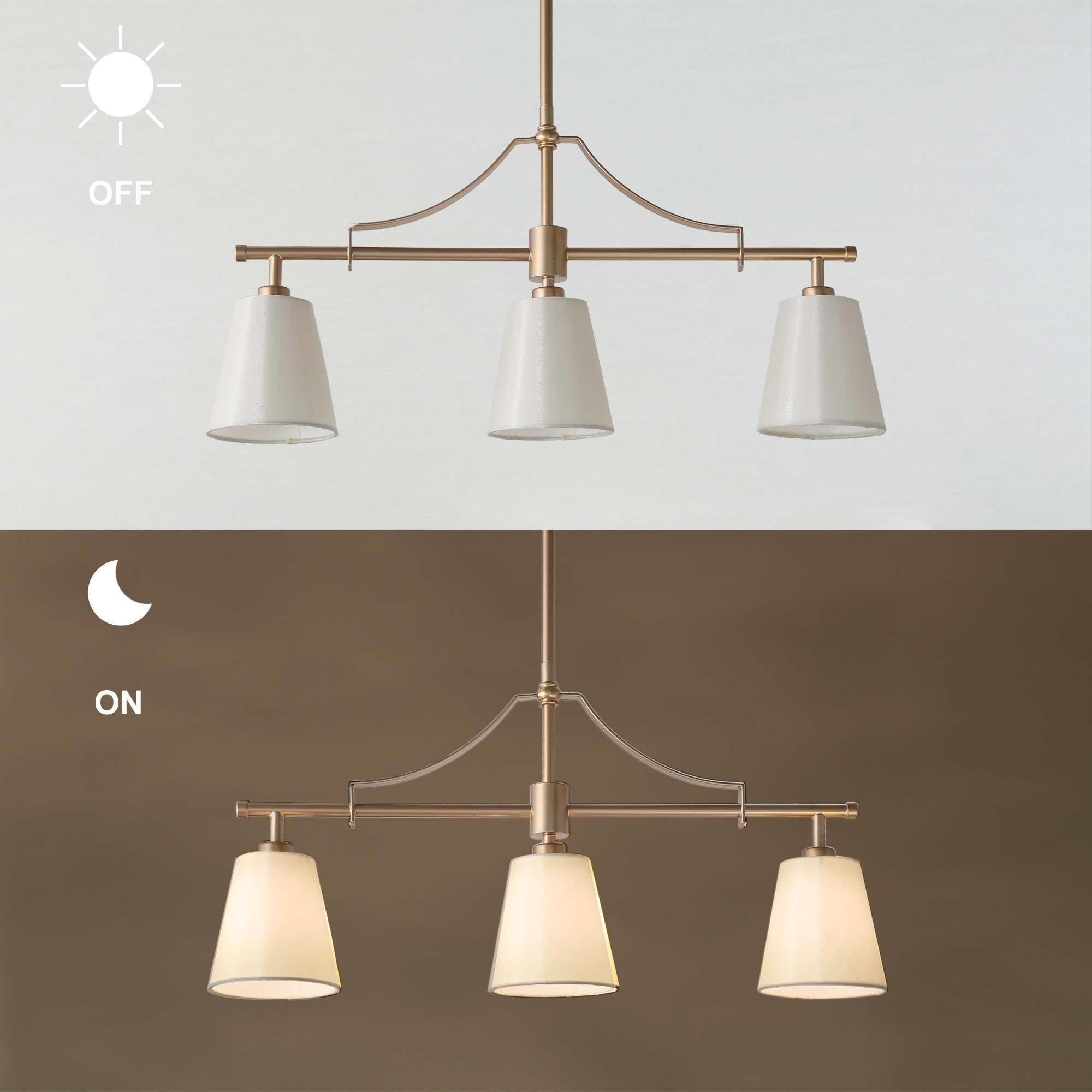 Modern 3-Light Gold Chandelier with Fabric Shades - Linear Island Lighting Fixture for Dining Room, Kitchen, Bedroom & Living Room | Elegant Home Decor & Ambient Lighting Solution