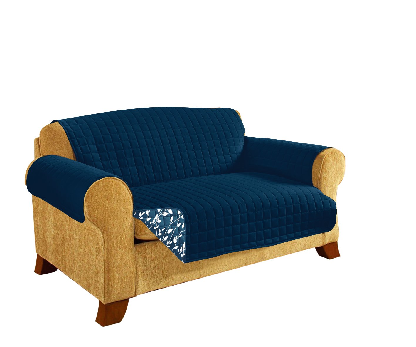 Quilted Furniture Protector for Pets & Kids - Non-Slip 2-Tie Design, Ultra Soft Microfiber (Navy Leaf Pattern) - Perfect for Sofas, Couches & Chairs to Protect from Pets, Children & Spills