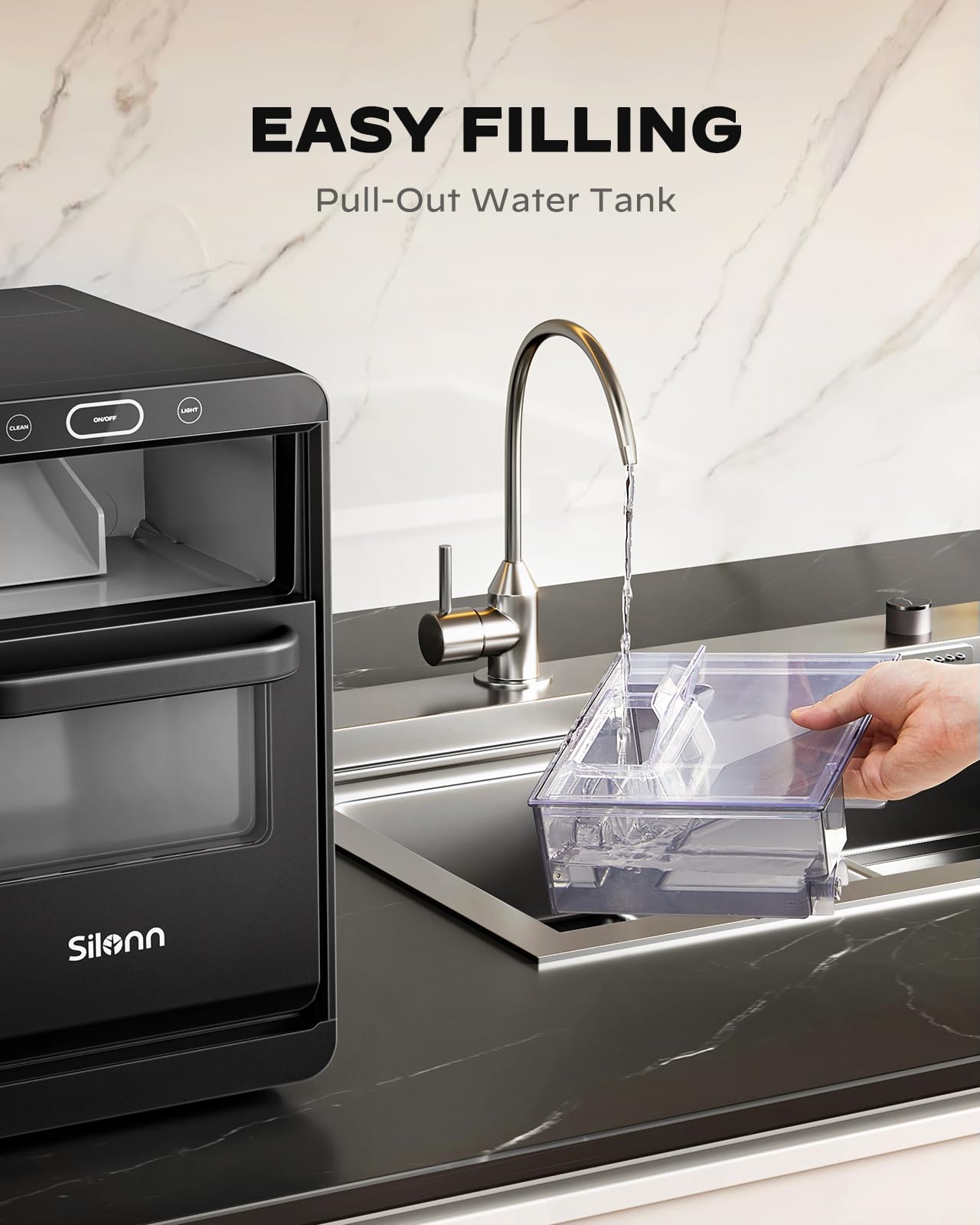 Silonn Countertop Nugget Ice Maker - 44lbs/24h Crushed Ice Machine with Pull-Out Water Tank & Removable Basket - Stainless Steel Pebble Ice Maker for Home, Kitchen, Office, Bar, RV - Perfect for Cocktails, Sodas & Entertaining